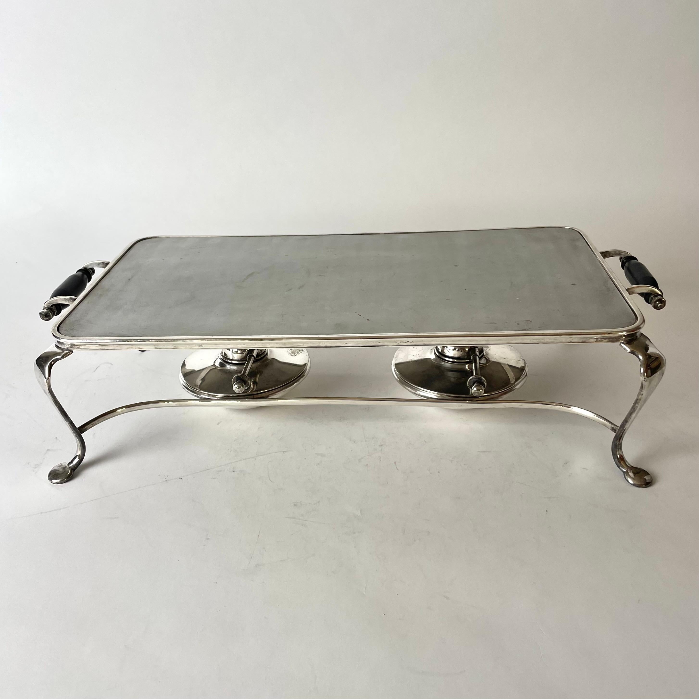 Silvered Very Elegant English Rechaud with two burners in silver-plated brass from 1920s For Sale
