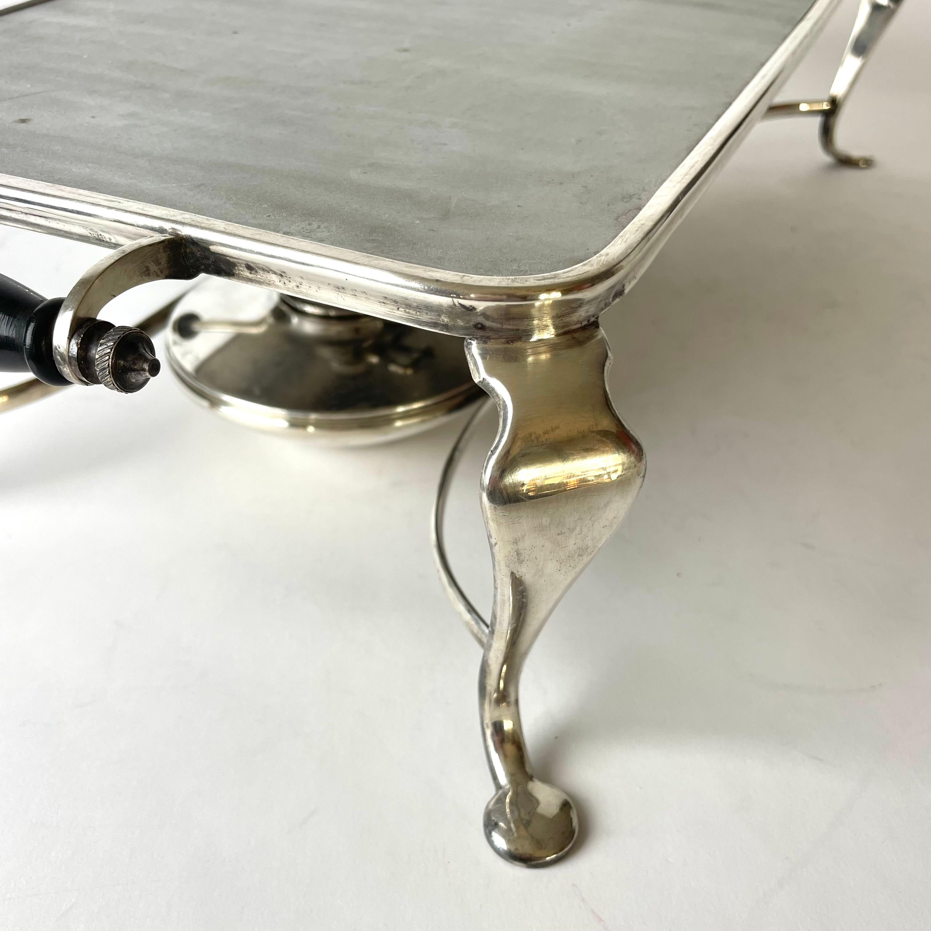 Brass Very Elegant English Rechaud with two burners in silver-plated brass from 1920s For Sale