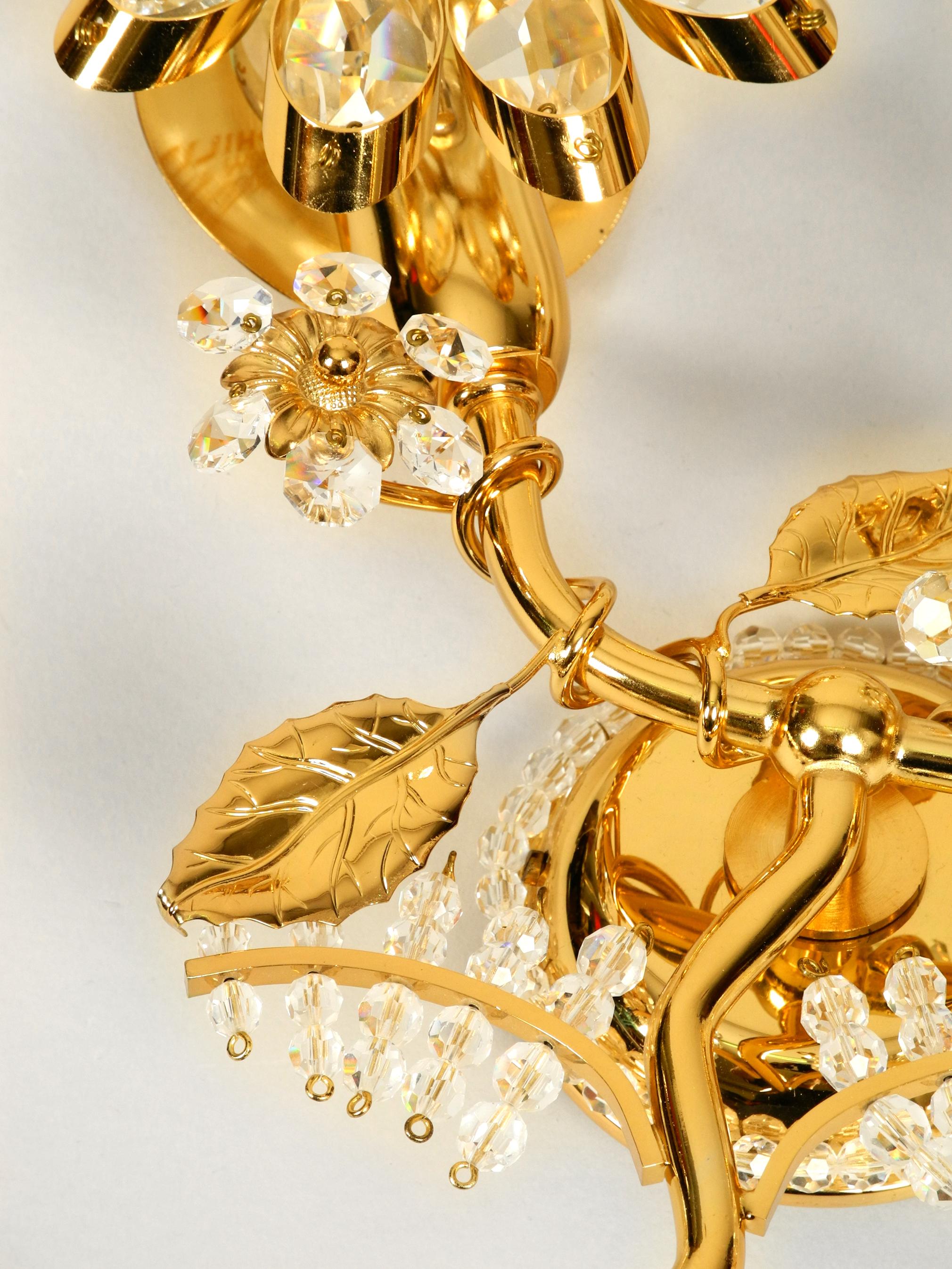 German Very Elegant Large 1970s Brass Crystal Glass Floral Wall Lamp by Ernst Palme  For Sale