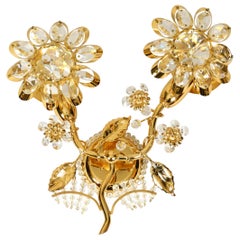 Very Elegant Large 1970s Brass Crystal Glass Floral Wall Lamp by Ernst Palme