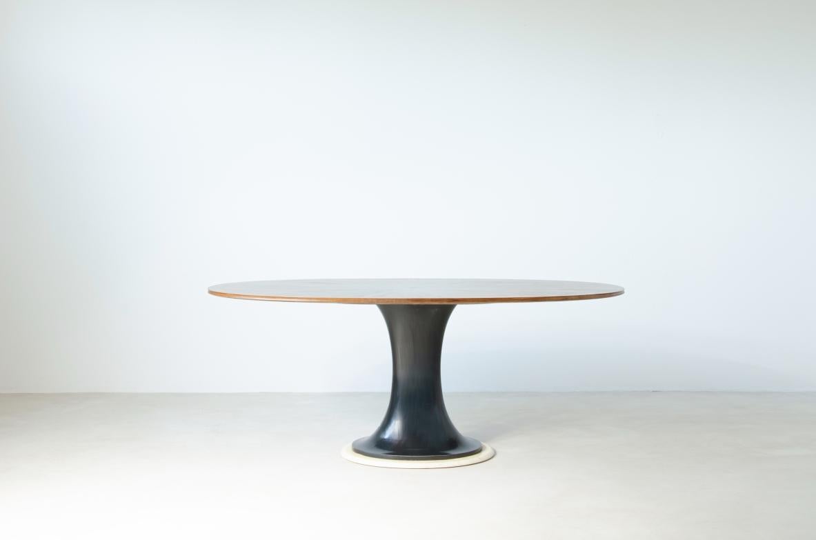 Very elegant oval table with turned base in petrol blue lacquered wood and marble oval disc on bottom.

refined wood veneer top.

Turin School, Italy, 1960s.