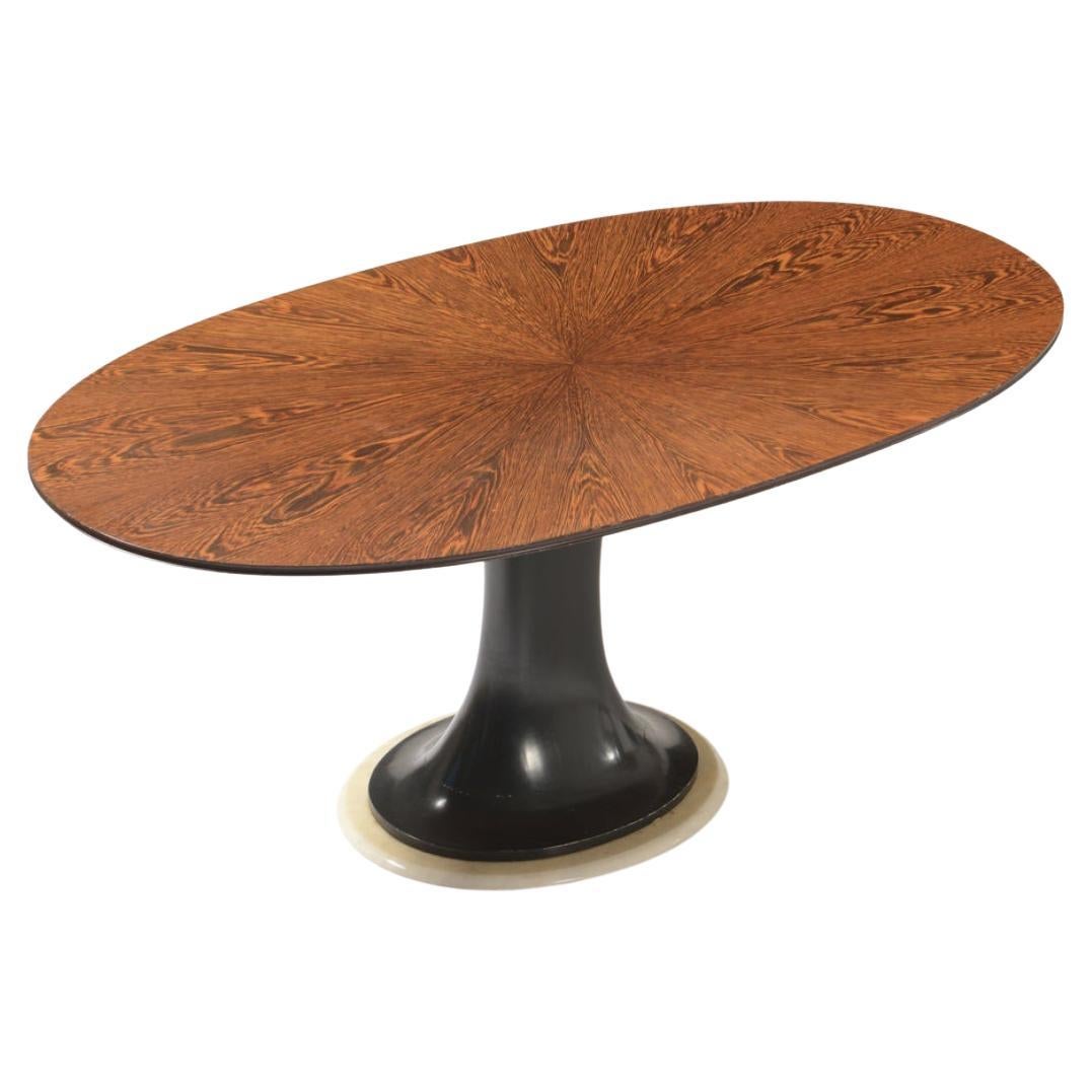 Very Elegant Oval Table with Turned Base in Blue Lacquered Wood and Marble