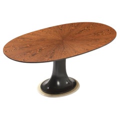 Vintage Very Elegant Oval Table with Turned Base in Blue Lacquered Wood and Marble