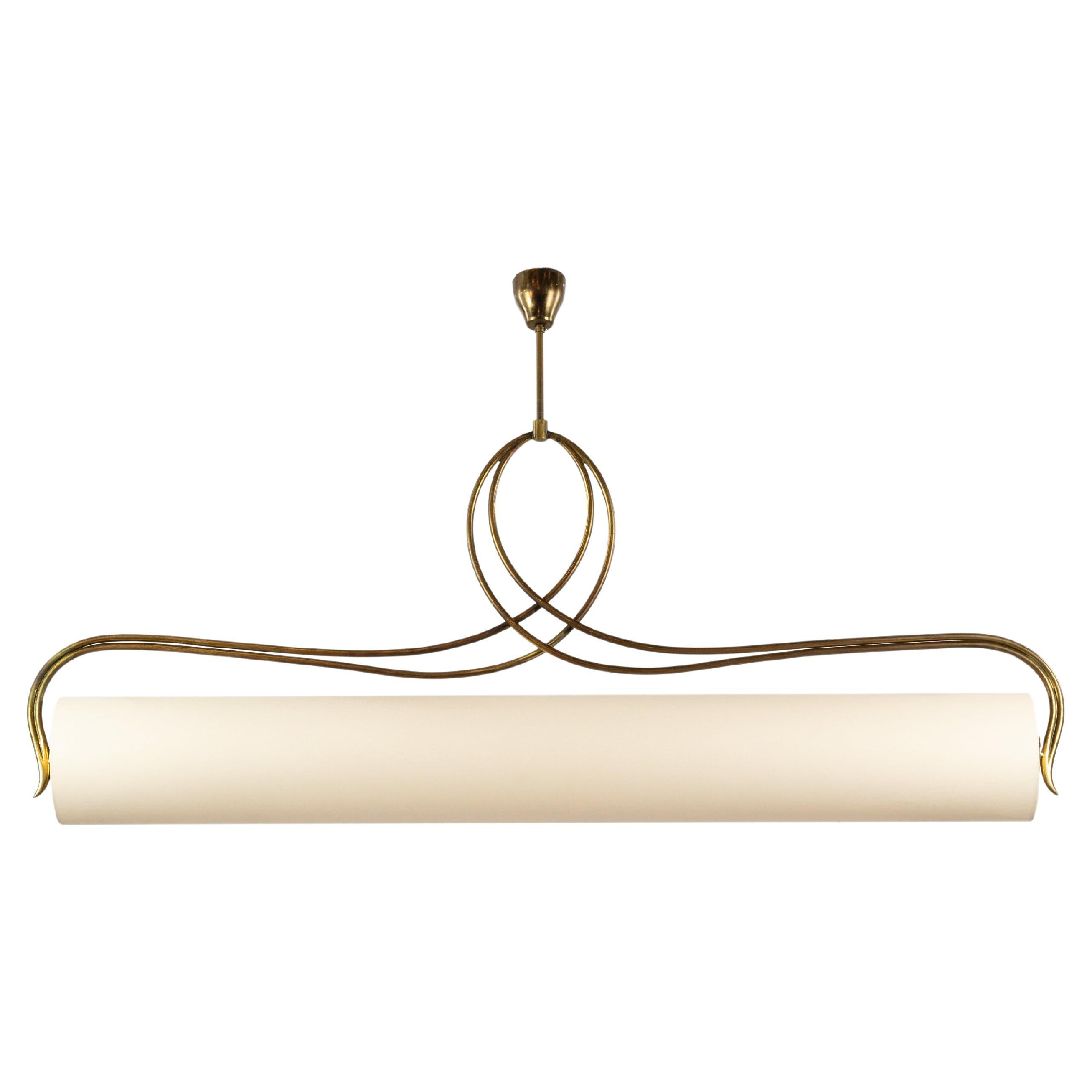 Very elegant pendant light in brass and off white paper, Italian word circa 1950 For Sale