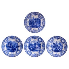 Very Elegant Set of 1920s-1930s White Faïence Plates with Indigo Blue Designs