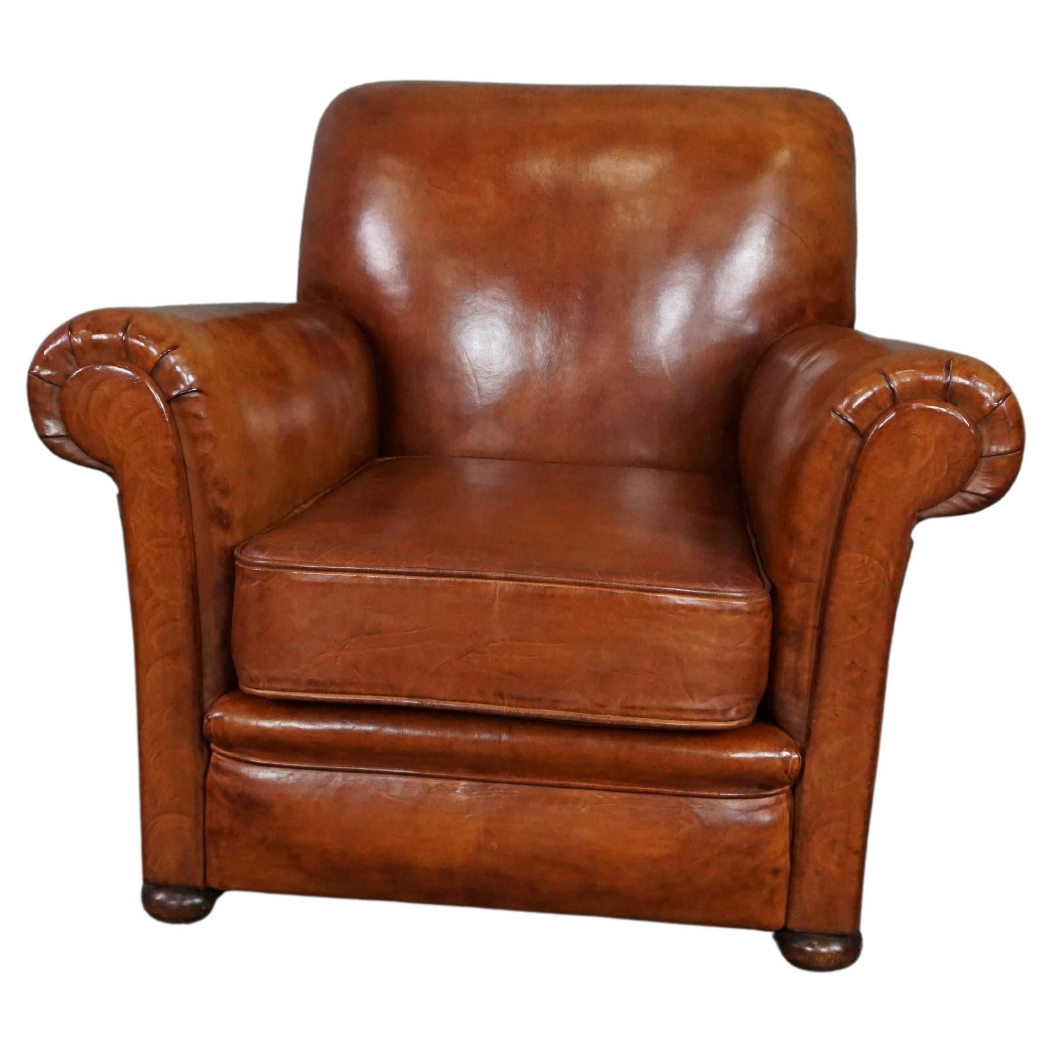 Very exclusive newly upholstered old sheep leather armchair For Sale