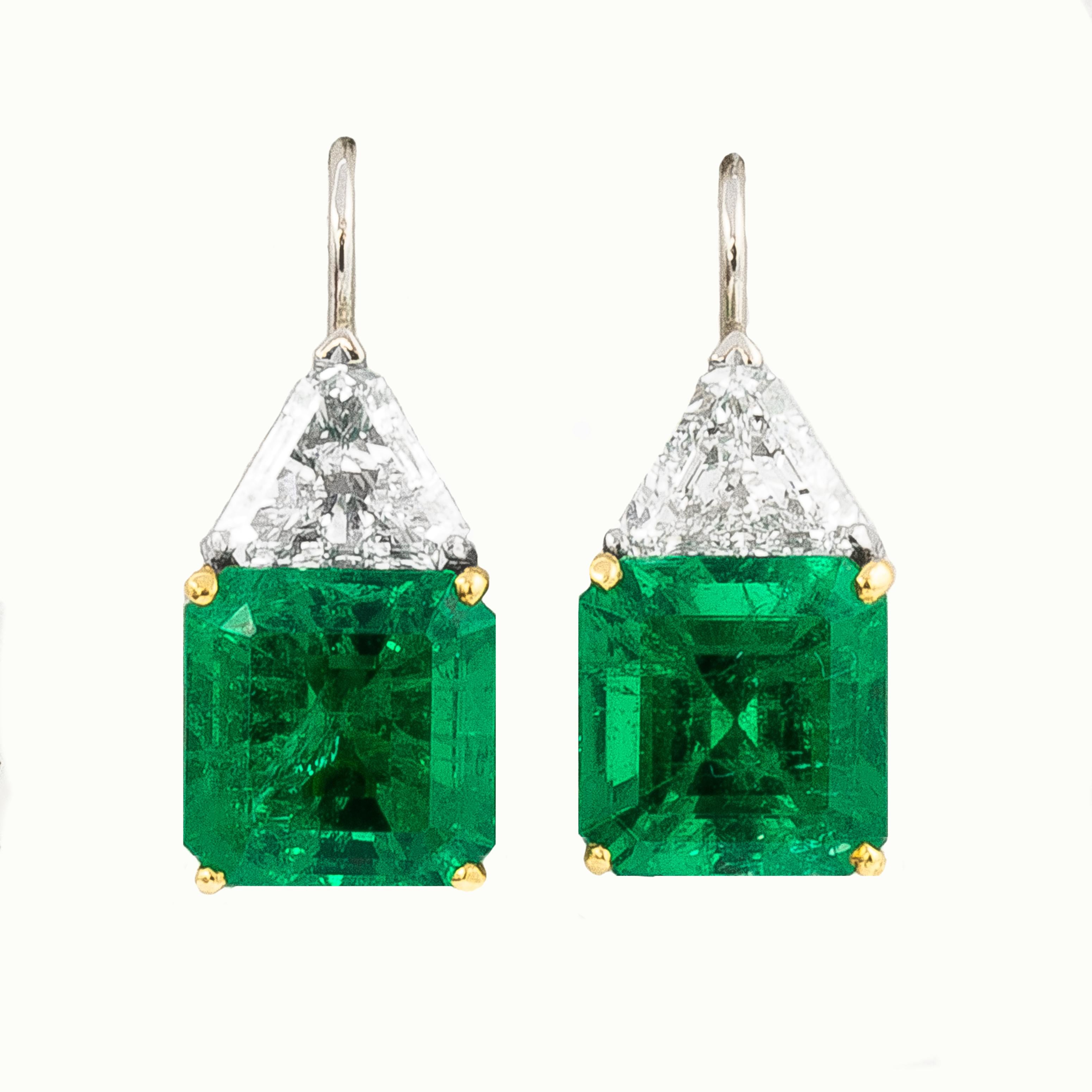 Women's or Men's Very Fine AGL Certified Emeralds 11.28 Carats and Diamonds 3 Carats Earrings