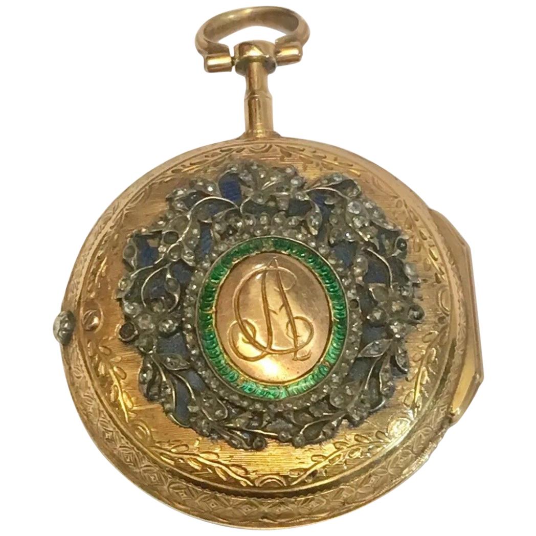 Very Fine 18 Karat Gold Diamond, Enamel Verge Pocket Watch