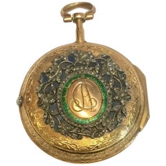 Antique Very Fine 18 Karat Gold Diamond, Enamel Verge Pocket Watch