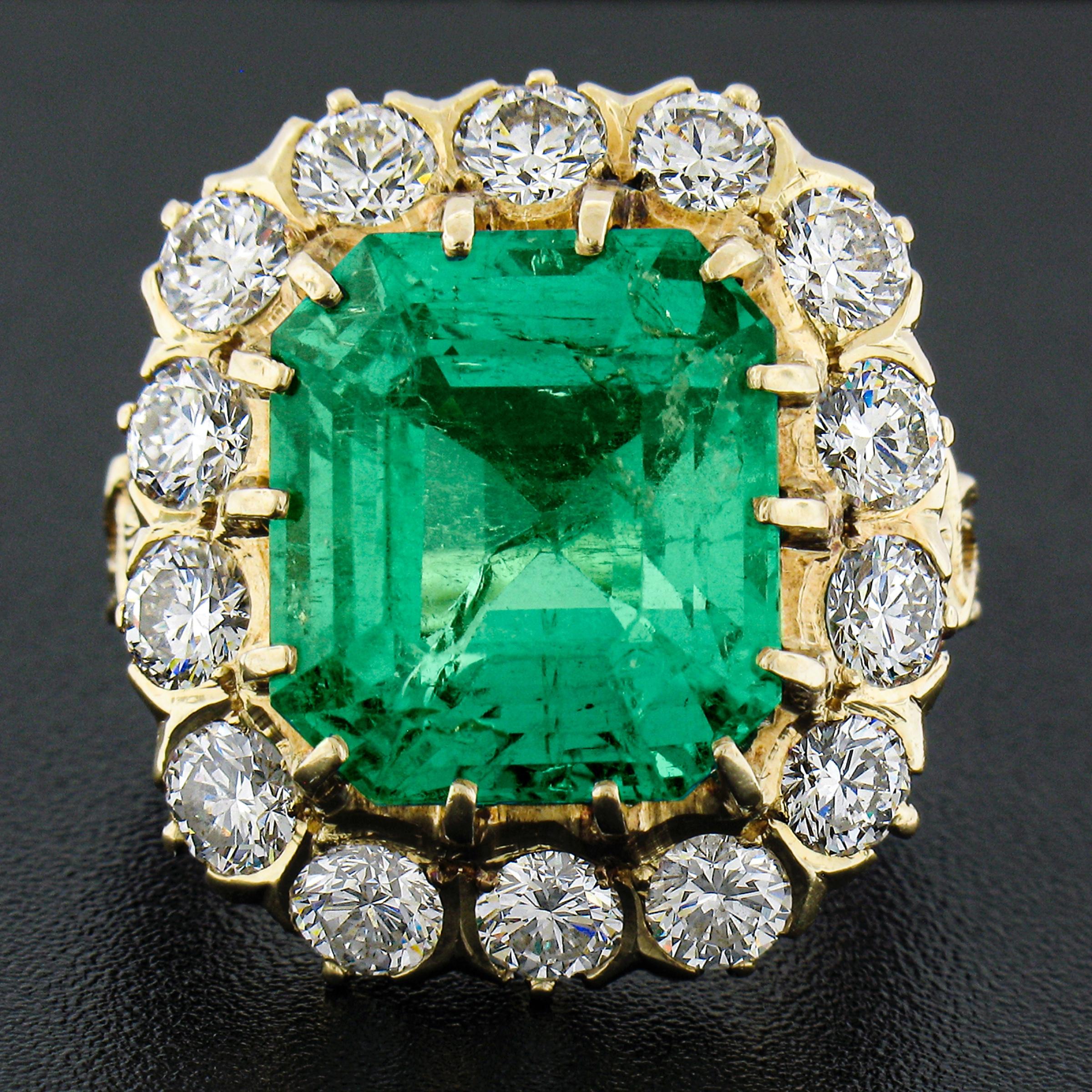 Emerald Cut VERY FINE 18k Gold 14.3ctw AGL Colombian Emerald & Diamond Halo Cocktail Ring For Sale