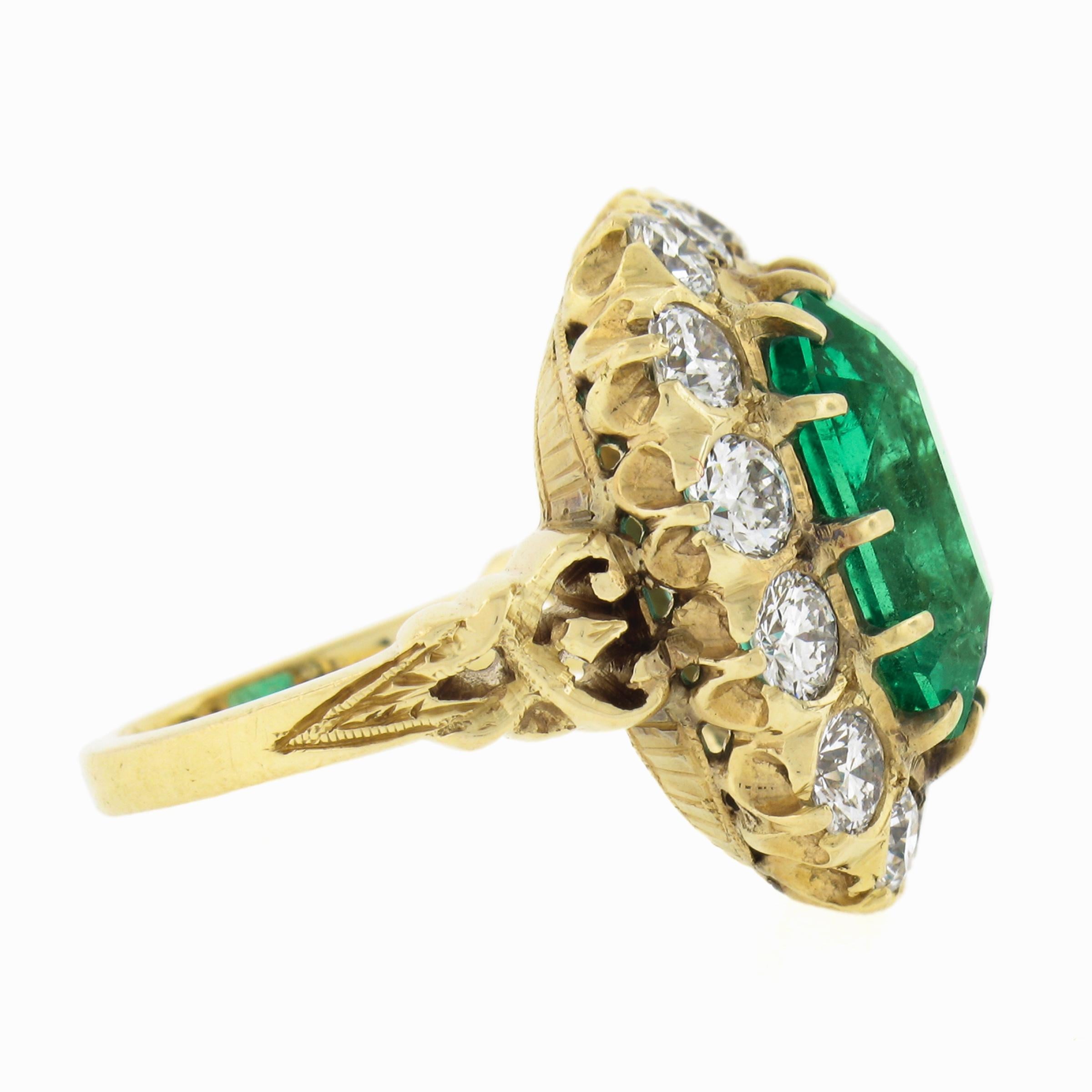 Women's VERY FINE 18k Gold 14.3ctw AGL Colombian Emerald & Diamond Halo Cocktail Ring For Sale