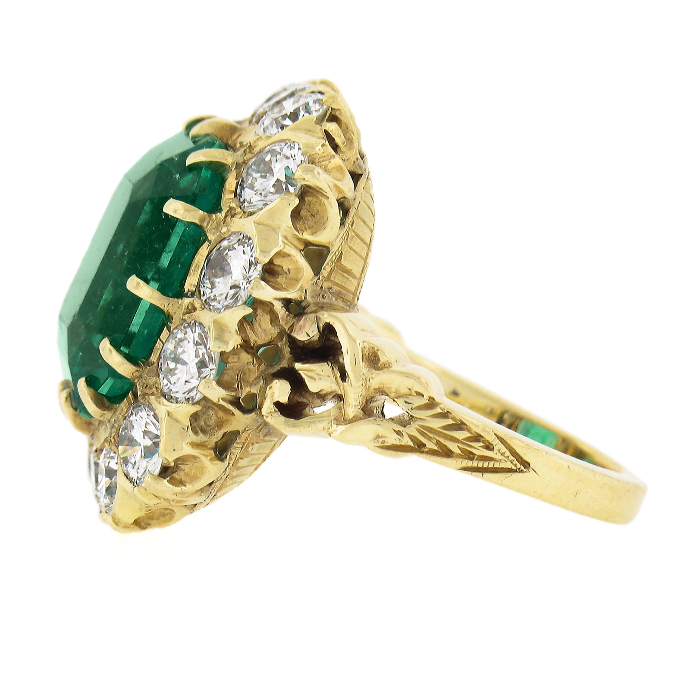 VERY FINE 18k Gold 14.3ctw AGL Colombian Emerald & Diamond Halo Cocktail Ring For Sale 1
