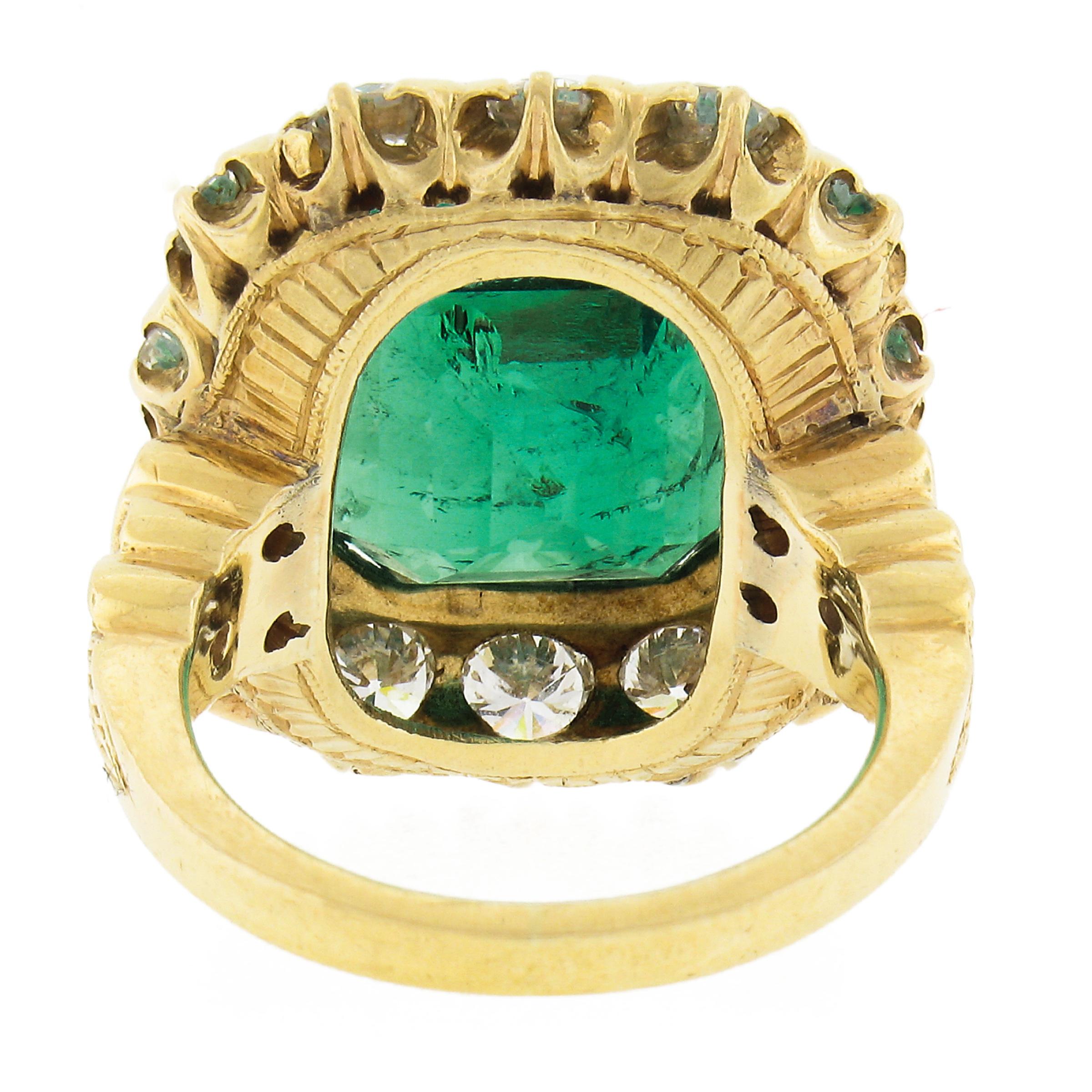 VERY FINE 18k Gold 14.3ctw AGL Colombian Emerald & Diamond Halo Cocktail Ring For Sale 2