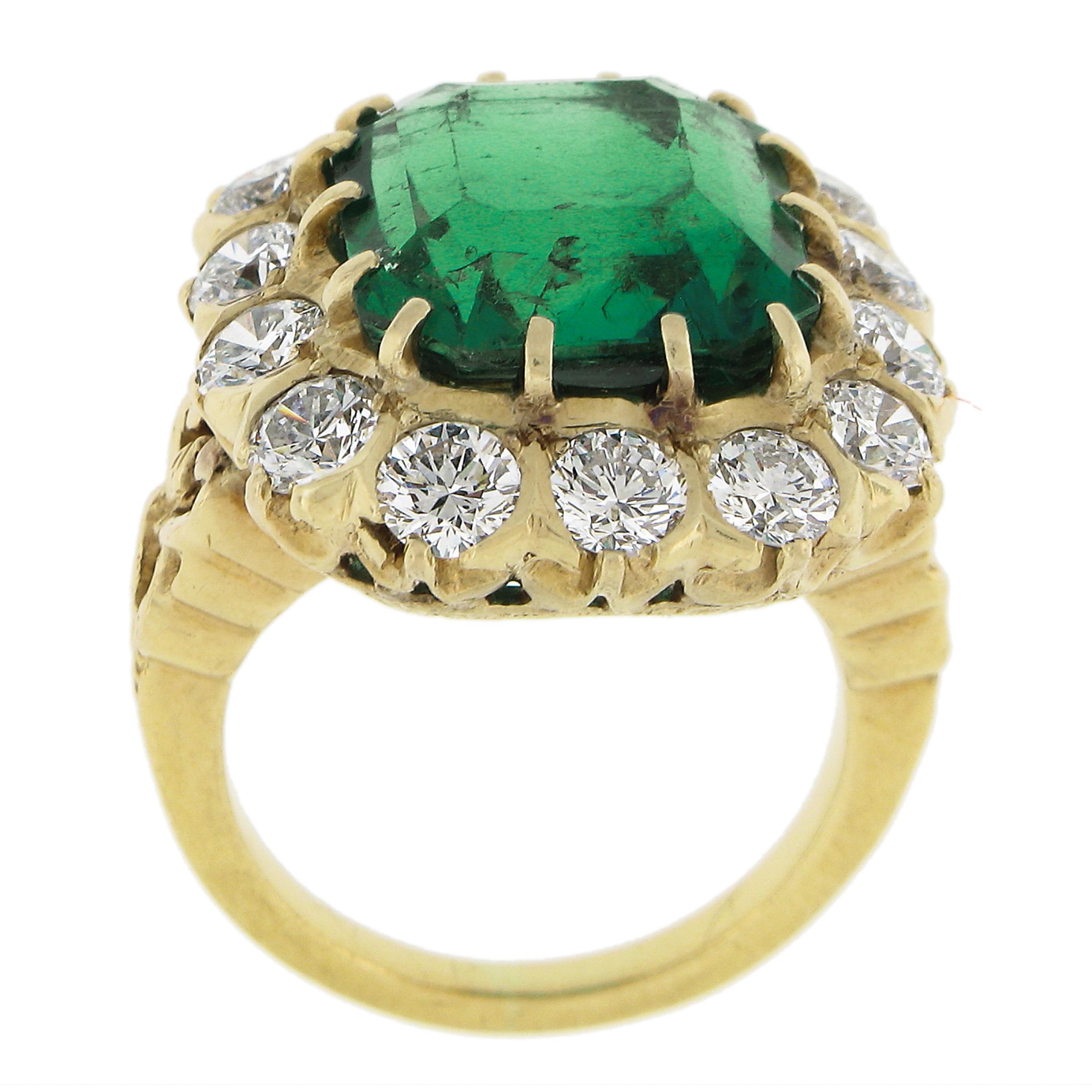 VERY FINE 18k Gold 14.3ctw AGL Colombian Emerald & Diamond Halo Cocktail Ring For Sale 3