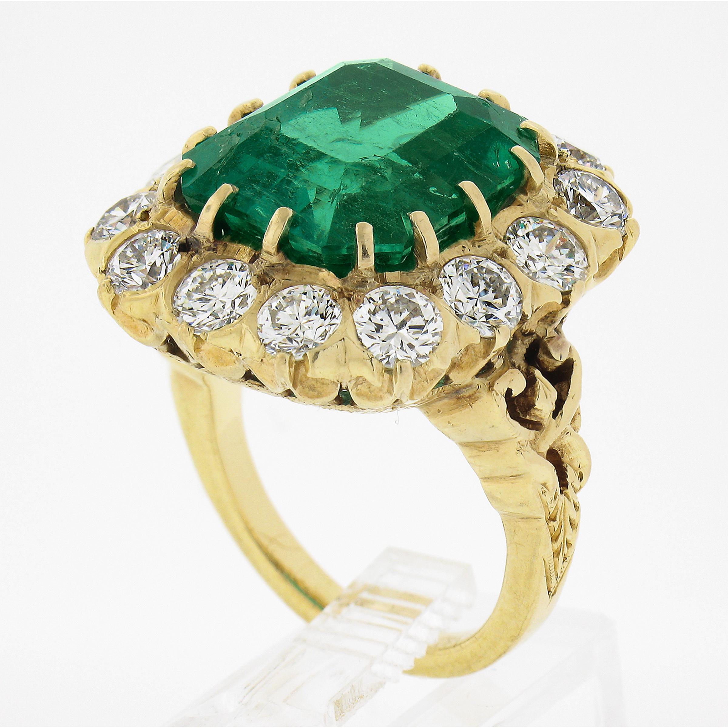 VERY FINE 18k Gold 14.3ctw AGL Colombian Emerald & Diamond Halo Cocktail Ring For Sale 4