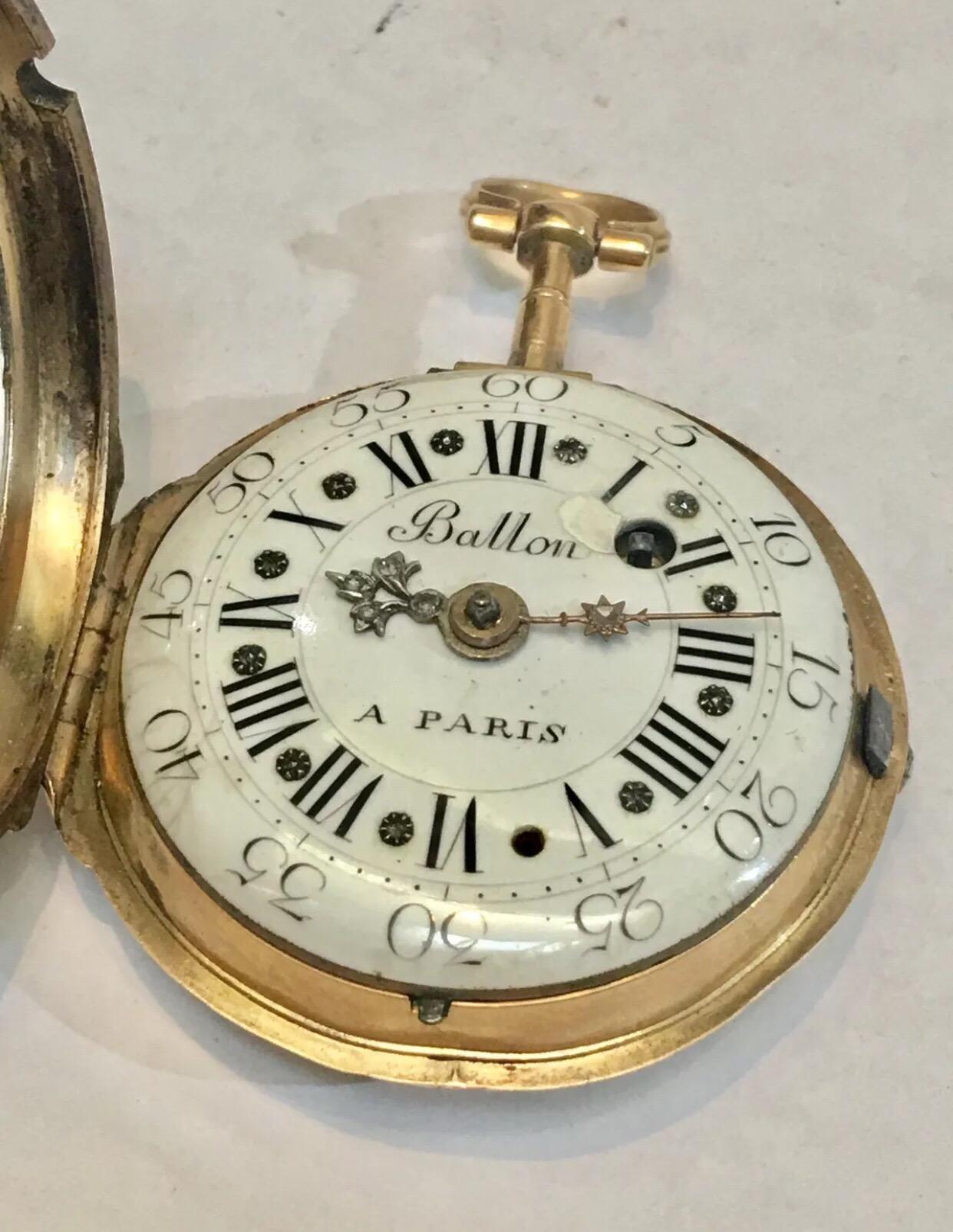 Very Fine Small 18k Gold, Diamonds Enamel Verge Pocket Watch By “Ballon A Paris”. This watch is in good working condition. Some diamond stone missing. Winding key provided