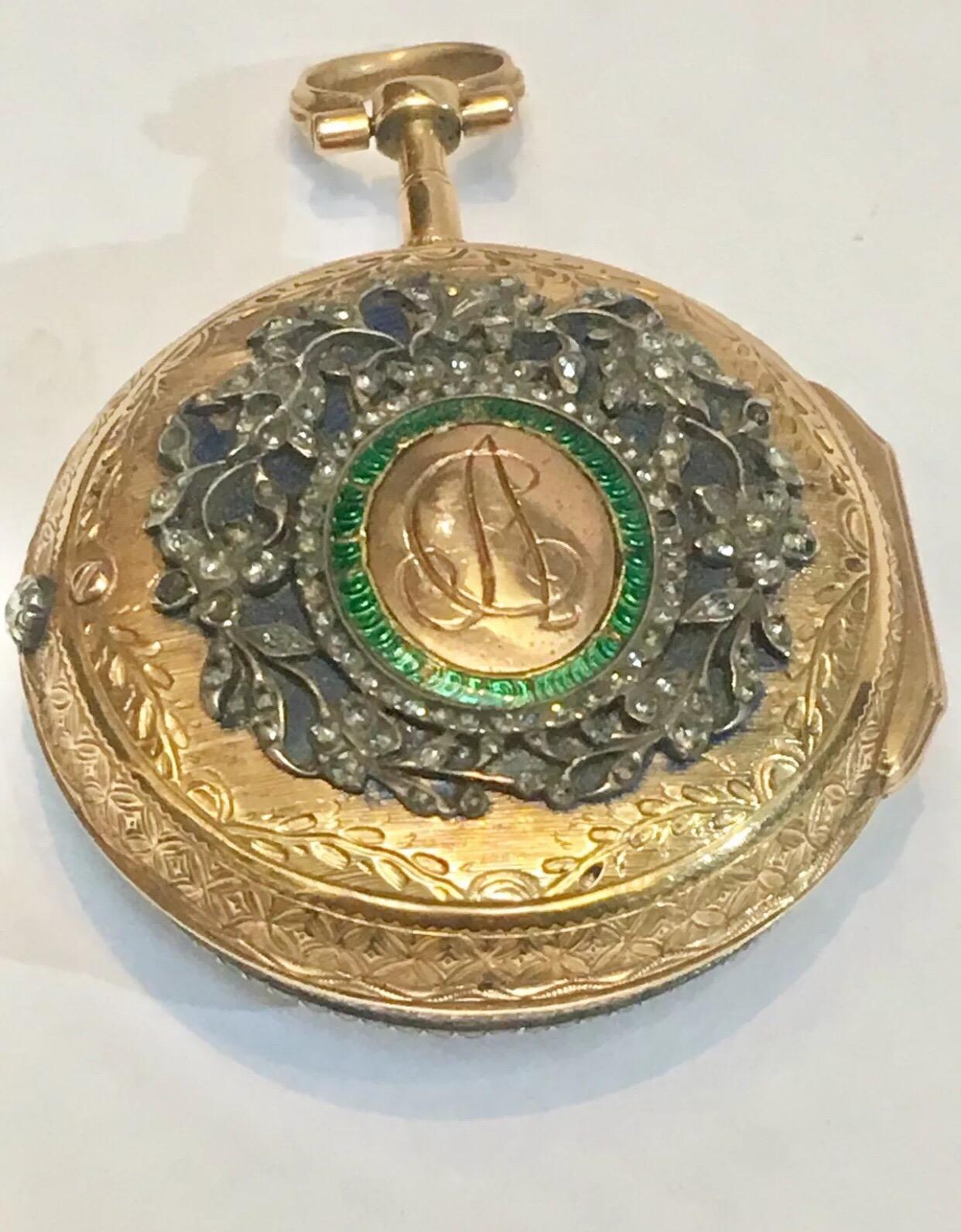 Women's or Men's Very Fine 18 Karat Gold Diamond, Enamel Verge Pocket Watch