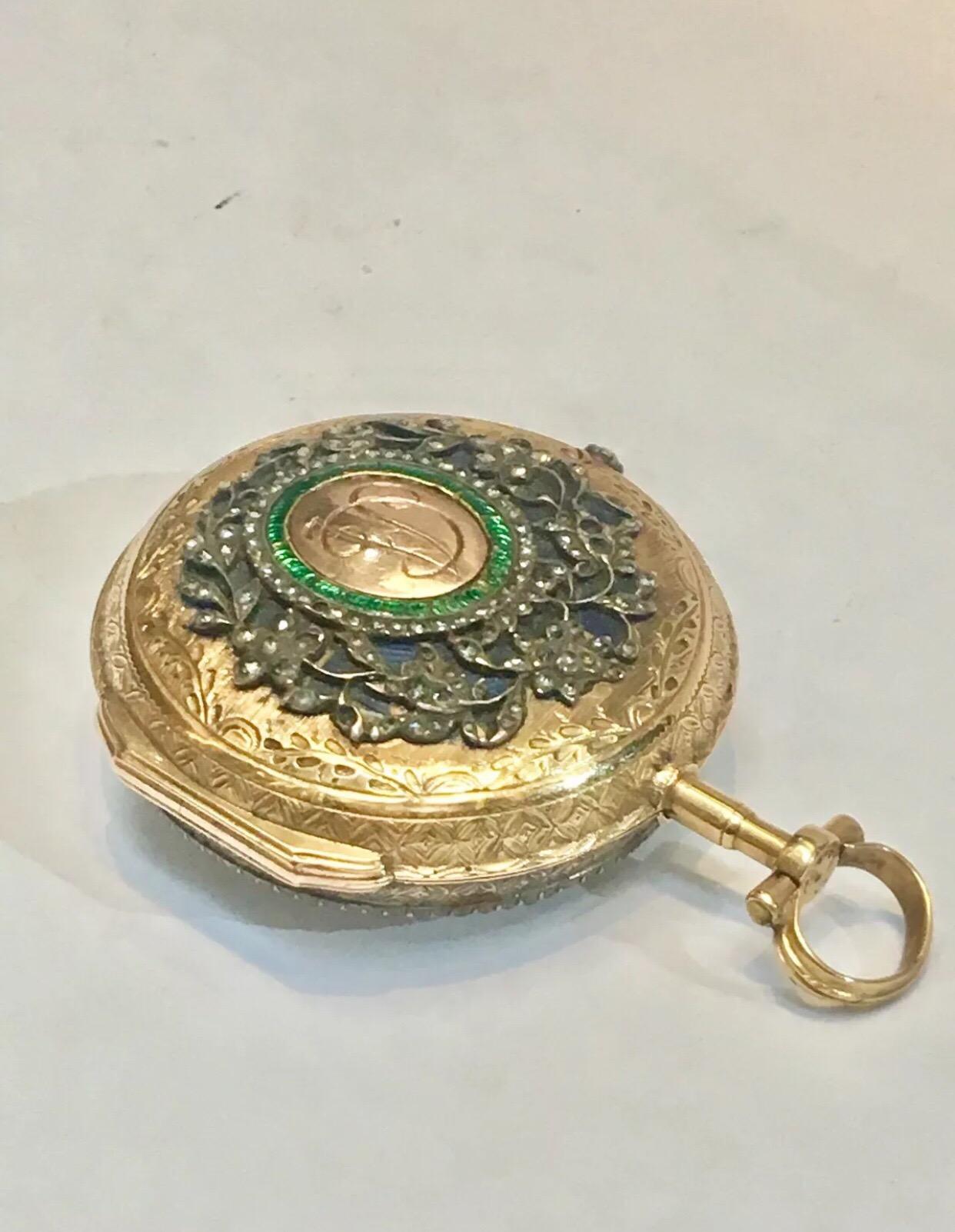Very Fine 18 Karat Gold Diamond, Enamel Verge Pocket Watch 2