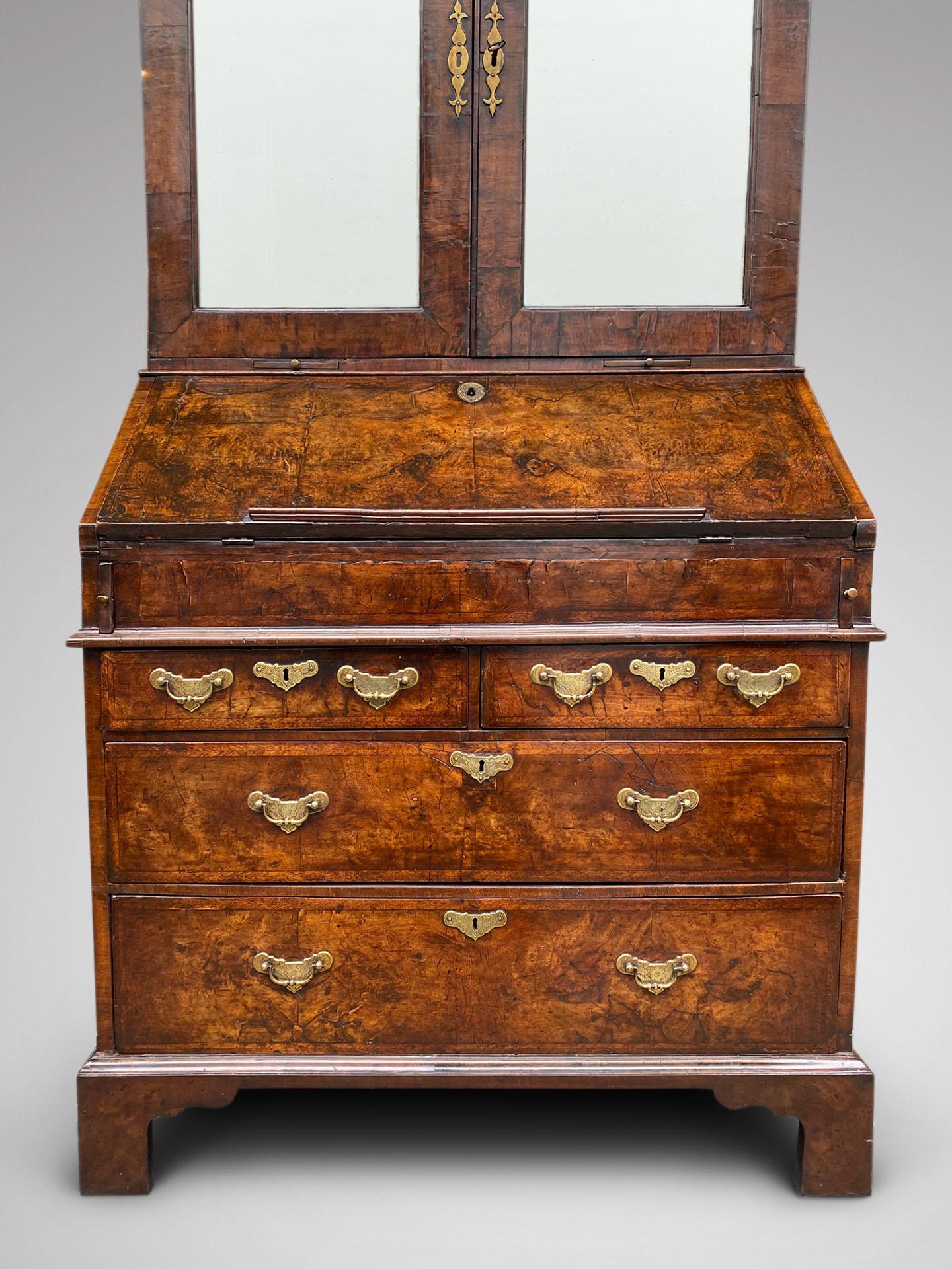 British Very Fine 18th Century George I Period Burr Walnut Bureau Bookcase For Sale