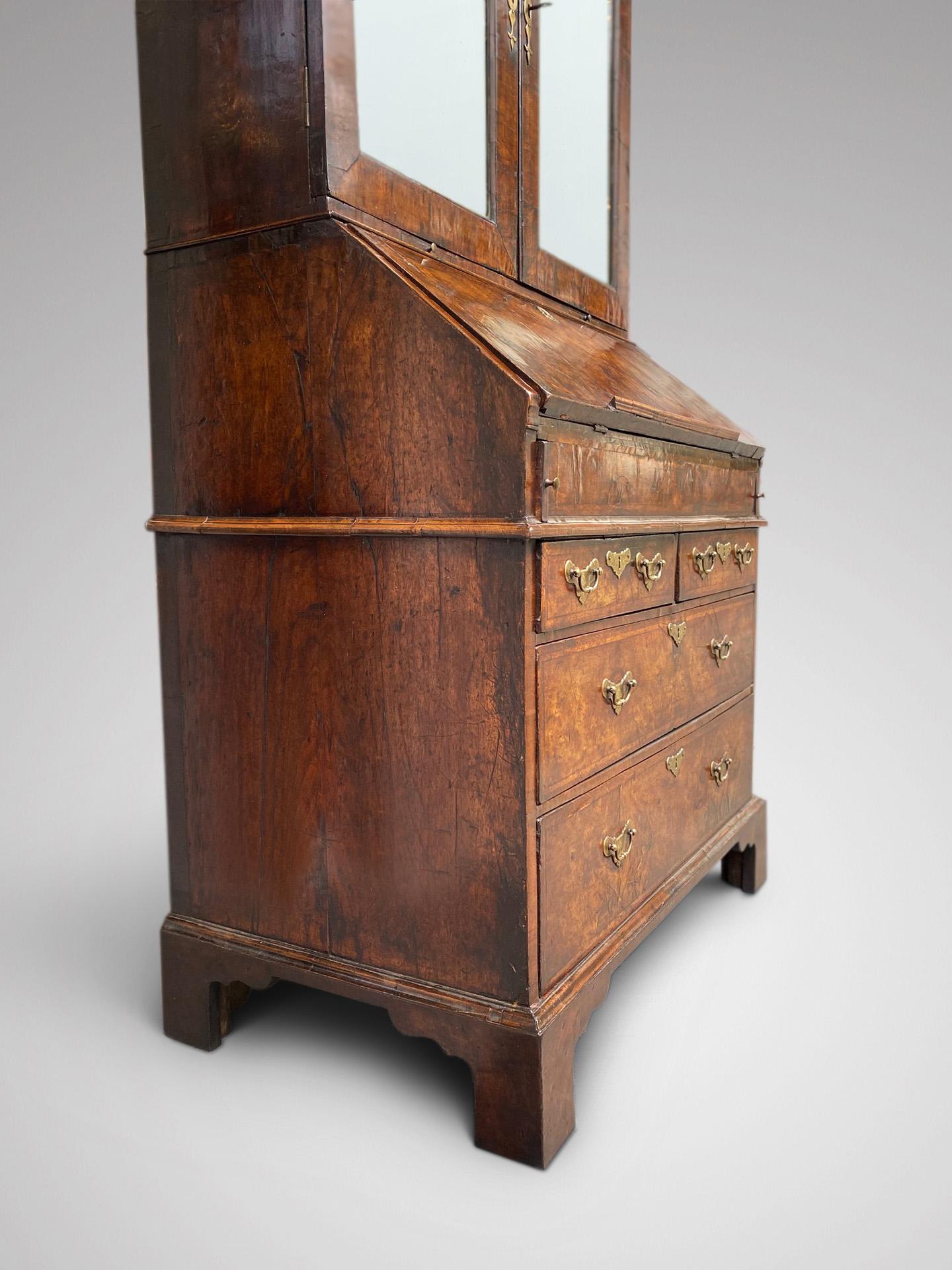 Hand-Crafted Very Fine 18th Century George I Period Burr Walnut Bureau Bookcase For Sale