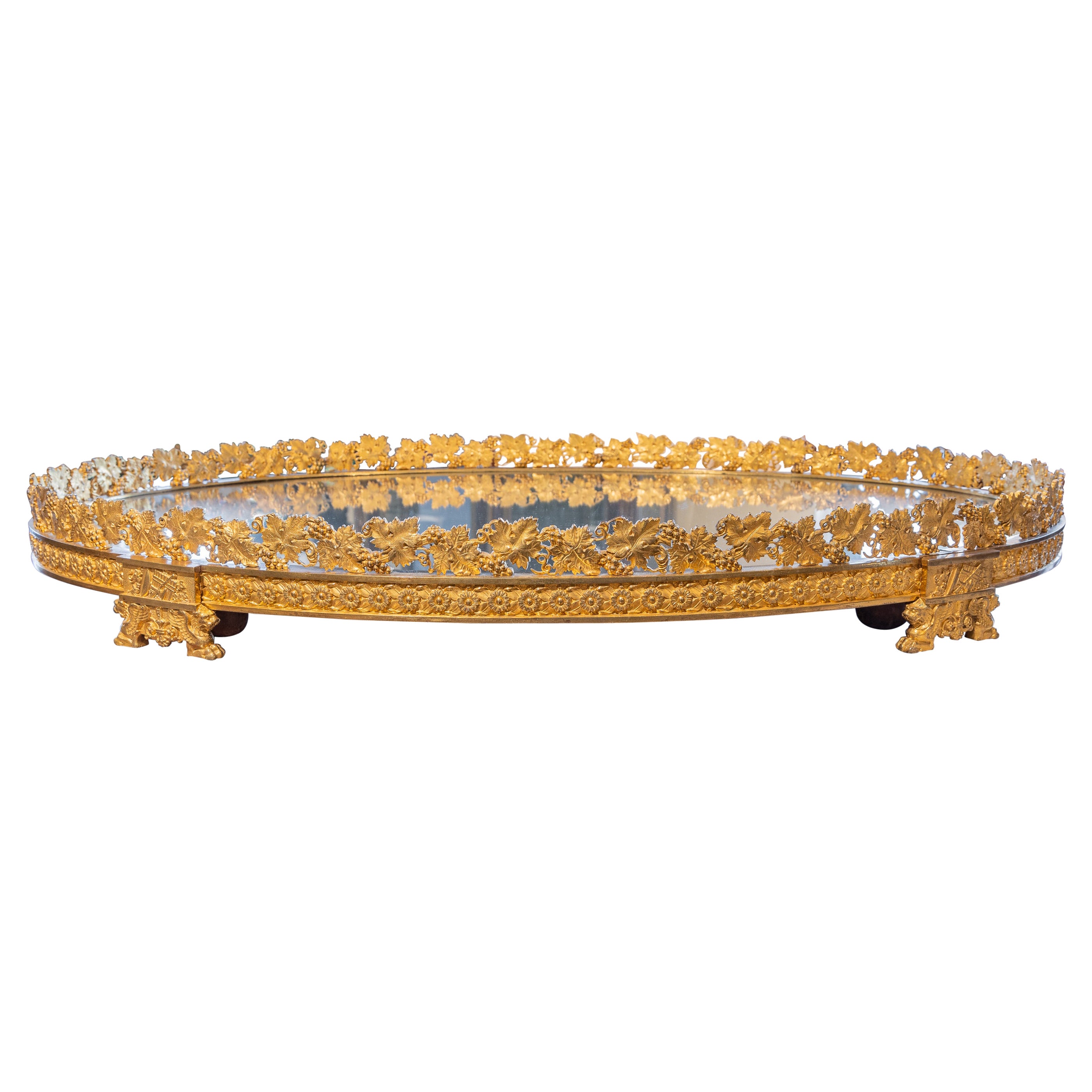 Very Fine 19th C French Empire Gilt Bronze Plateau with Mirrored Center
