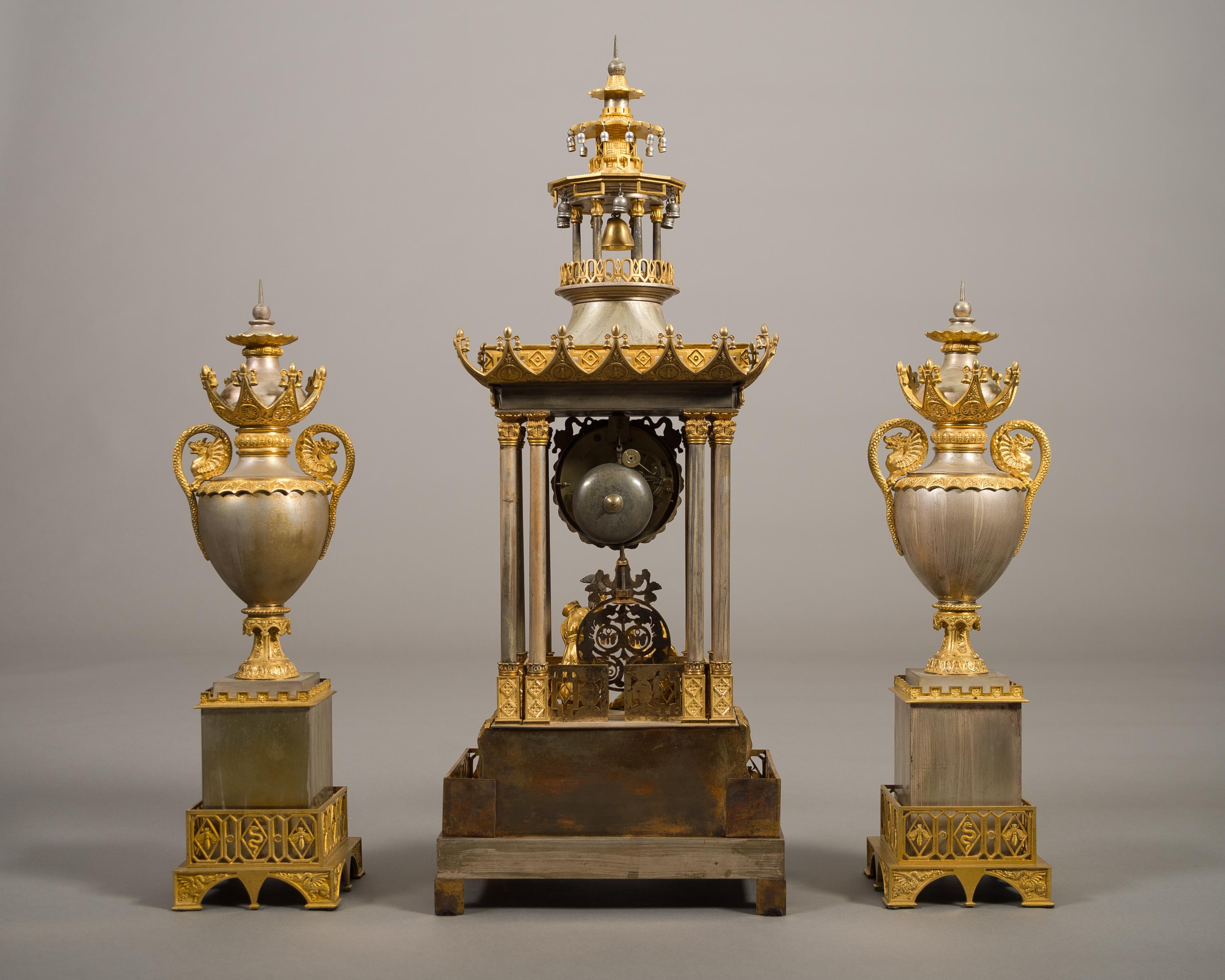 Very Fine 19th Century French Chinoiserie Silver and Gilt Three-Piece Garniture For Sale 7