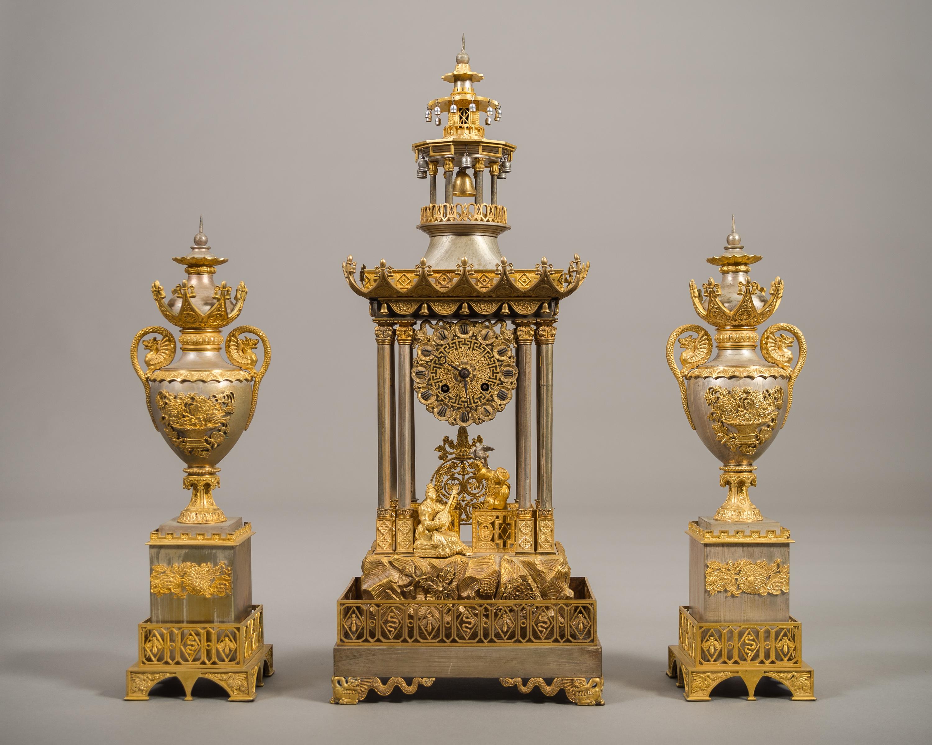 Very Fine 19th Century French Chinoiserie Silver and Gilt Three-Piece Garniture For Sale 9