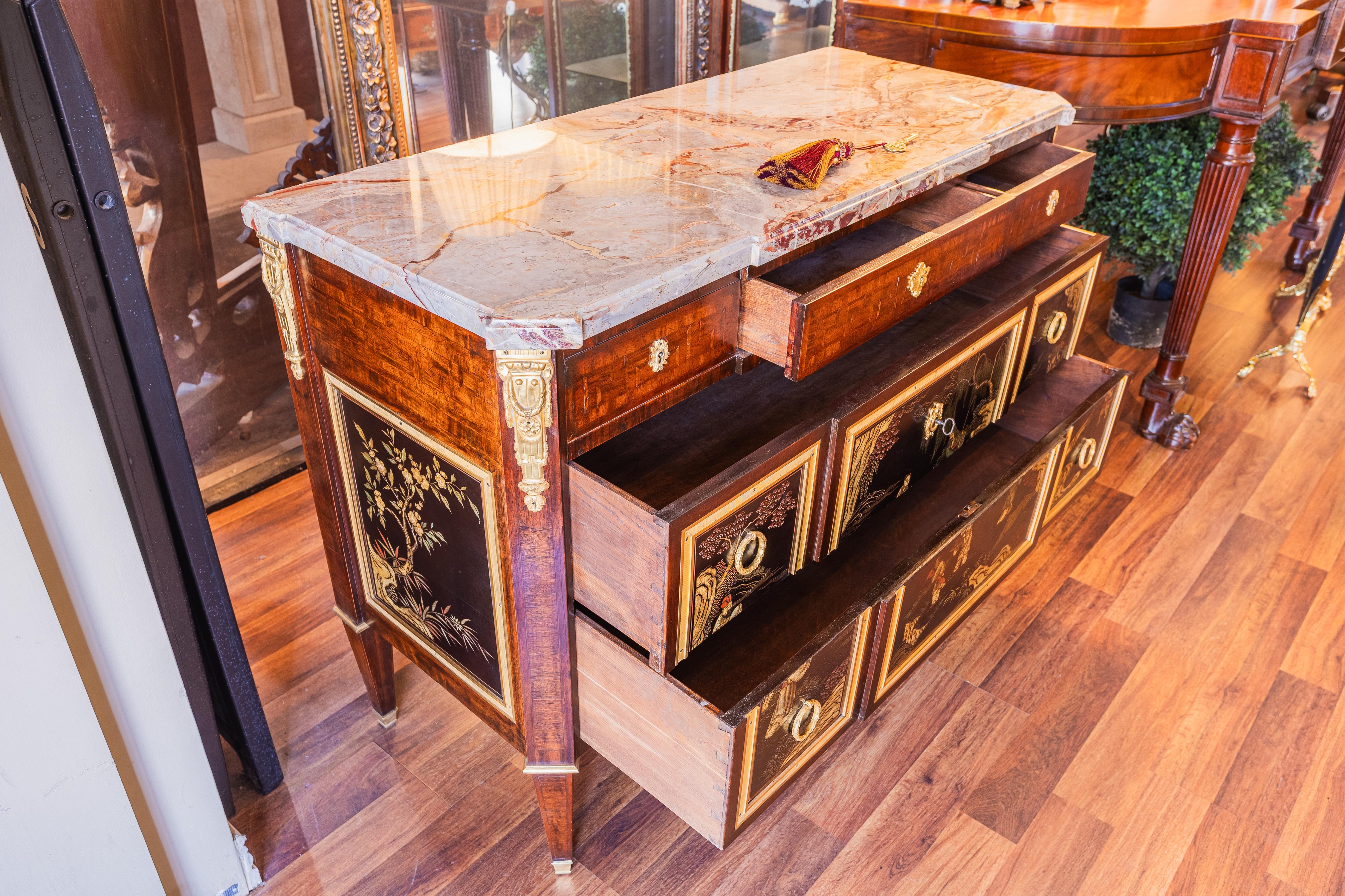 Bronze Very Fine 19th century French Coromandel and gilt bronze marble top commode For Sale
