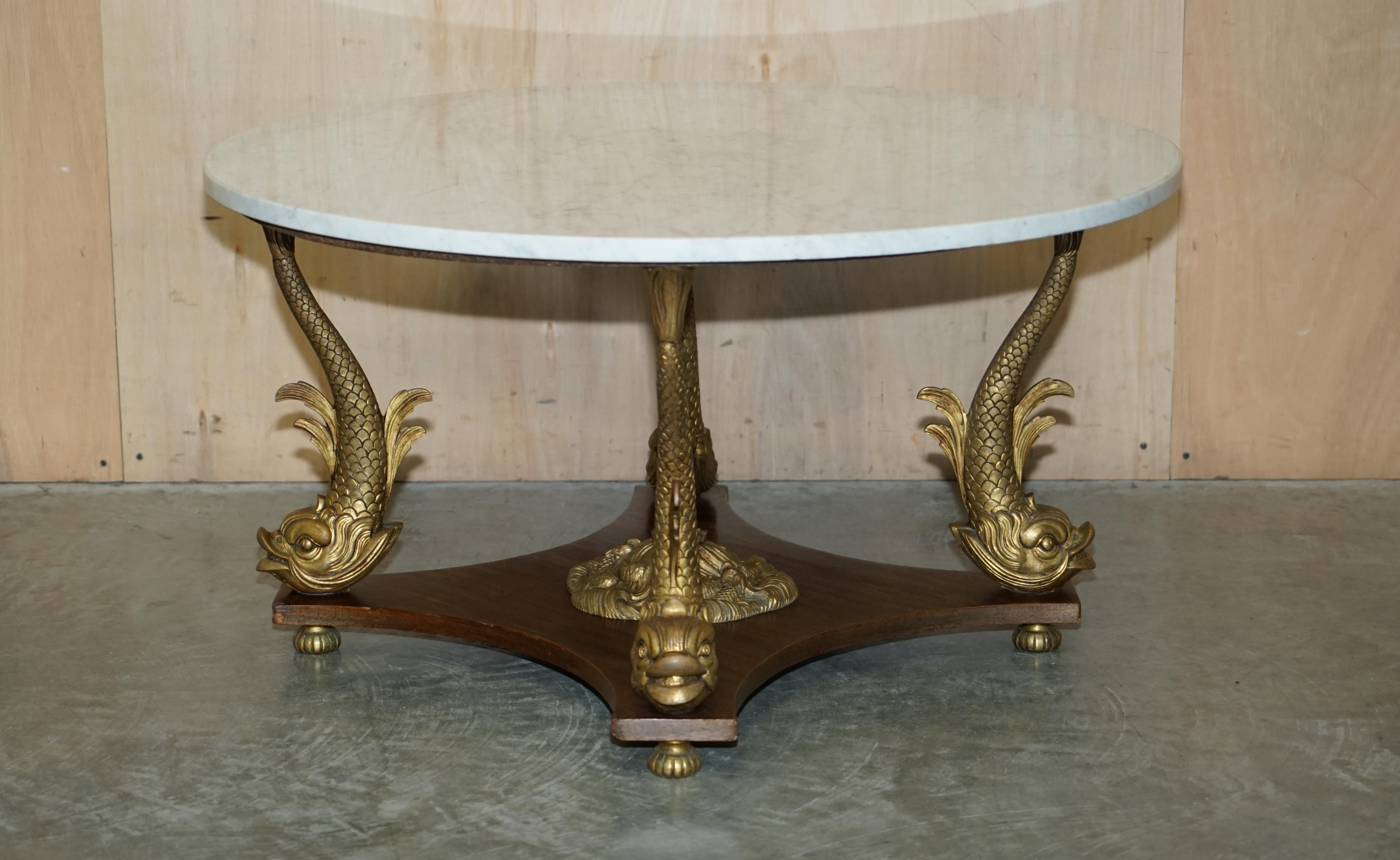 Royal House Antiques is delighted to offer for sale this important 19th century gilt brass Dolphin base French marble coffee or cocktail table 

A truly sublime table, the base is oak with solid gilt brass Dolphins and mounts, the top is very