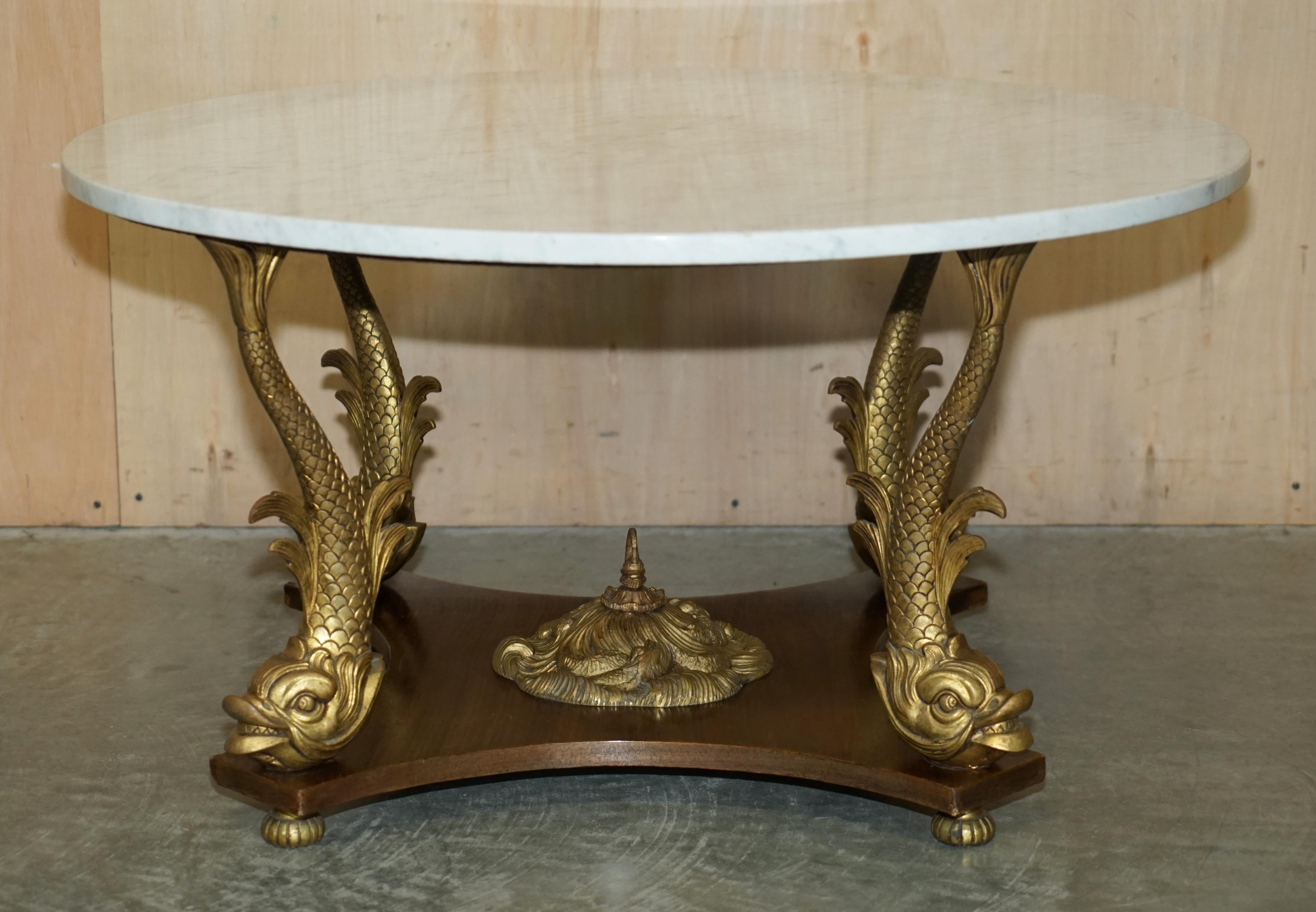 Victorian Very Fine 19th Century Gilt Brass Dolphin Italian Carrara Marble Coffee Table For Sale