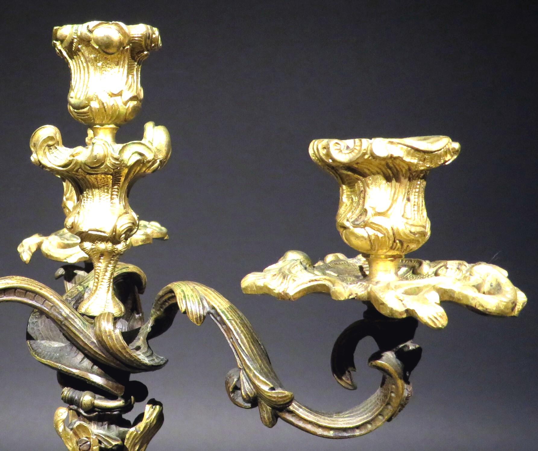 French Very Fine 19th Century Rococo Parcel Gilt Bronze Candelabrum, France, Circa 1870 For Sale