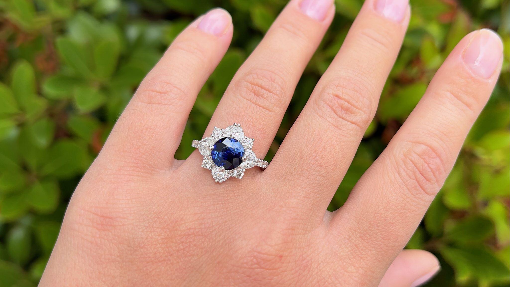 Very Fine Burma Sapphire = 2.08 Carat
Diamonds = 1.10 Carats
(Color: E, Clarity: VS)
Metal: 18K White Gold
Ring Size: 6.5 US
Jewelry Gift Box Included
