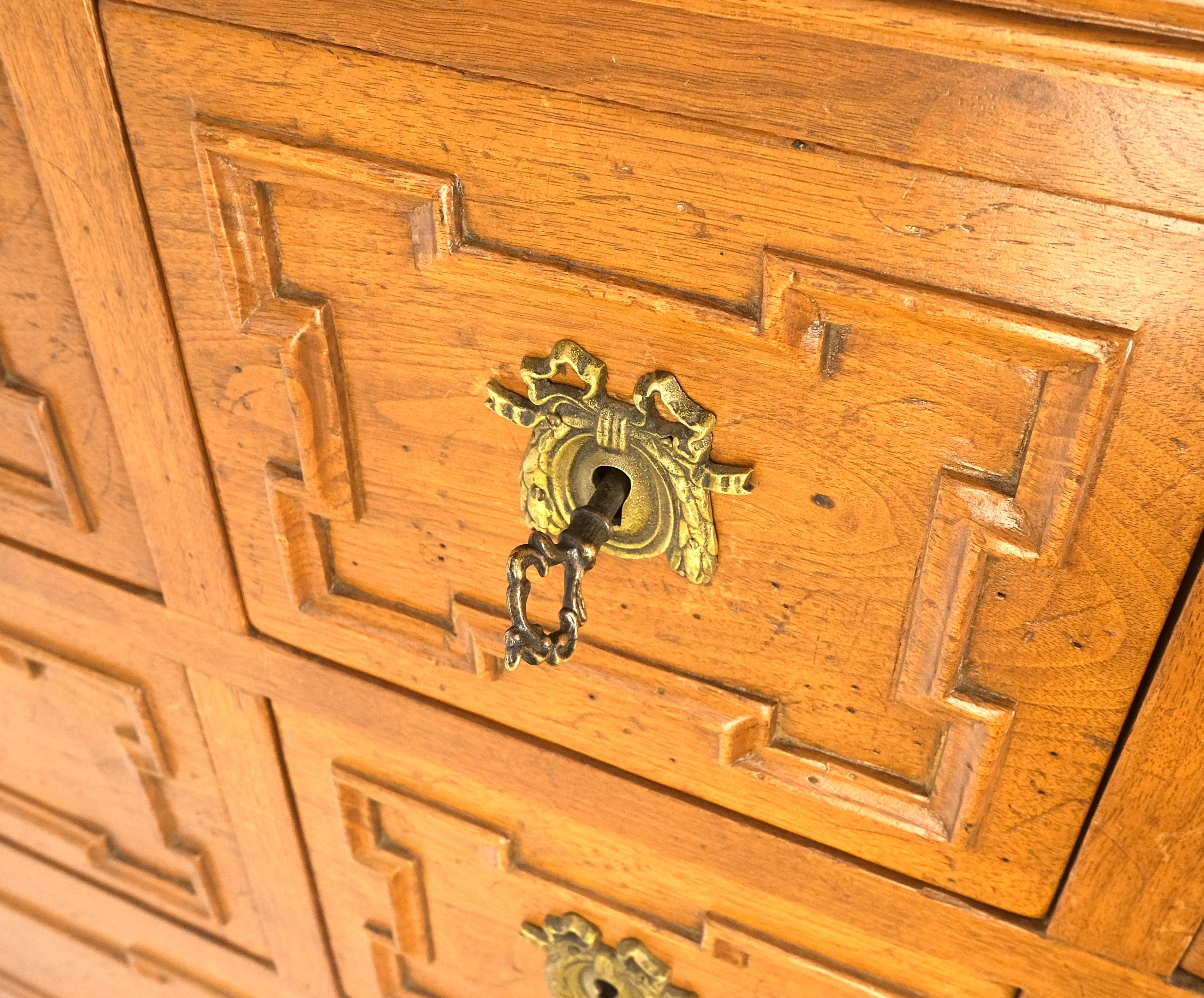 French Provincial Very Fine 9 Drawers Brass Pulls Carved Walnut 72