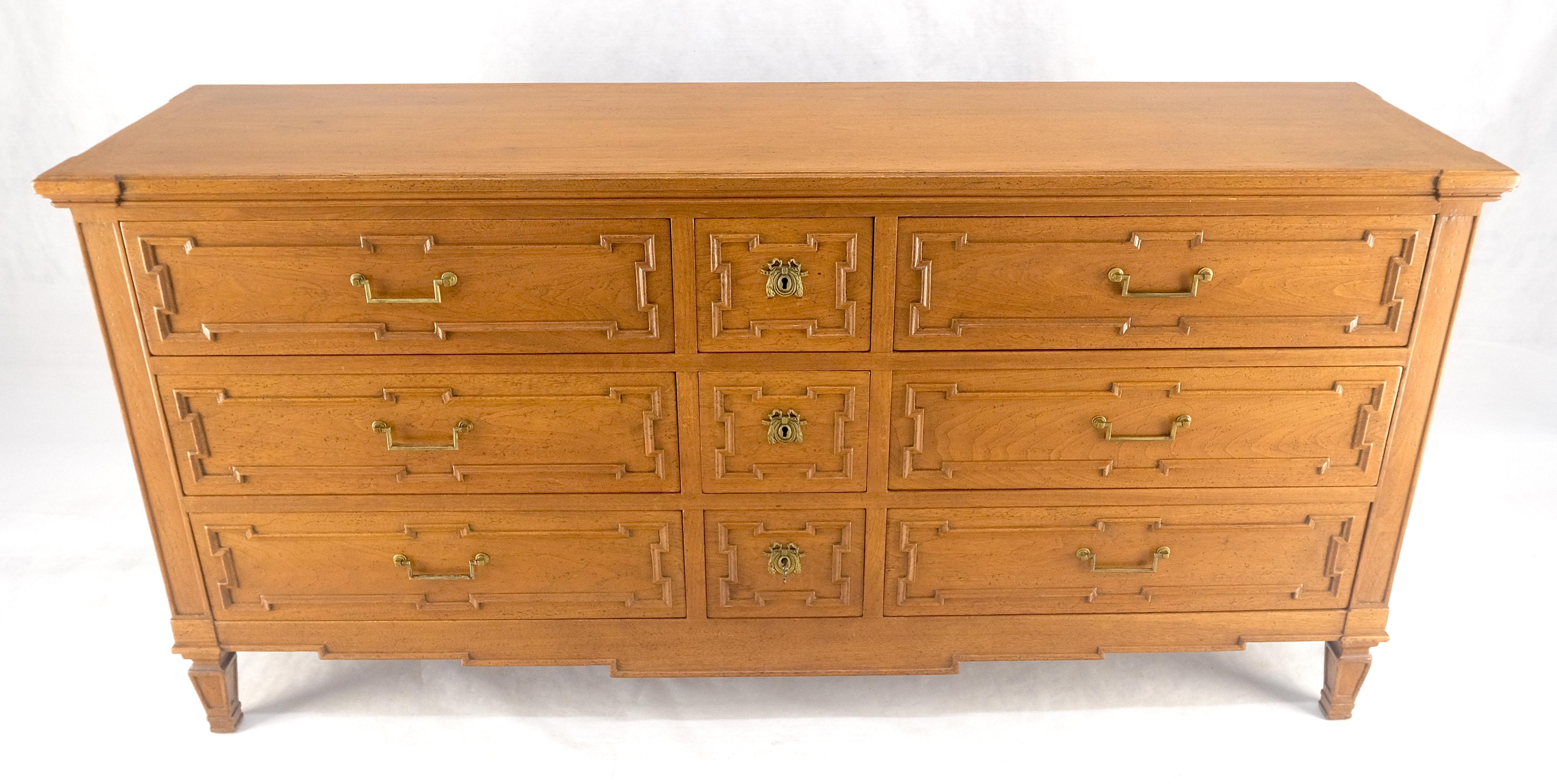 20th Century Very Fine 9 Drawers Brass Pulls Carved Walnut 72