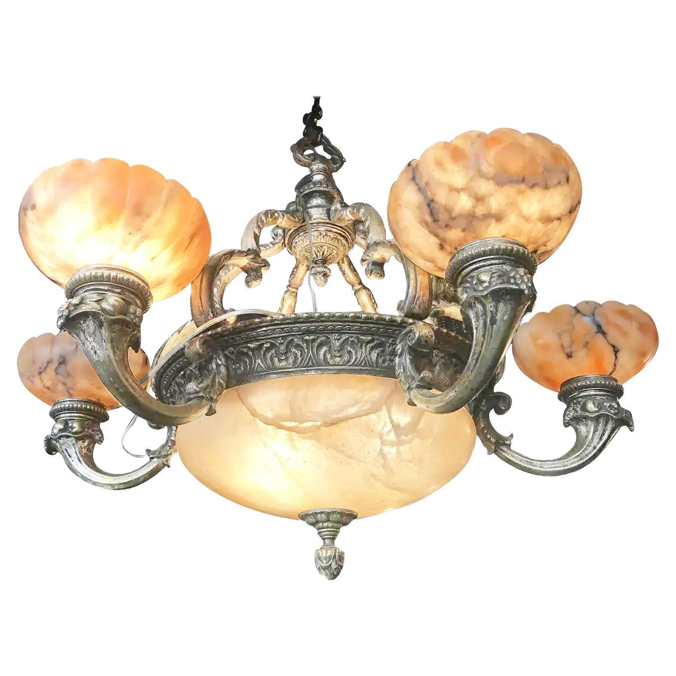 Very Fine and Decorative Bronze Chandelier with Alabaster Dome and Shades