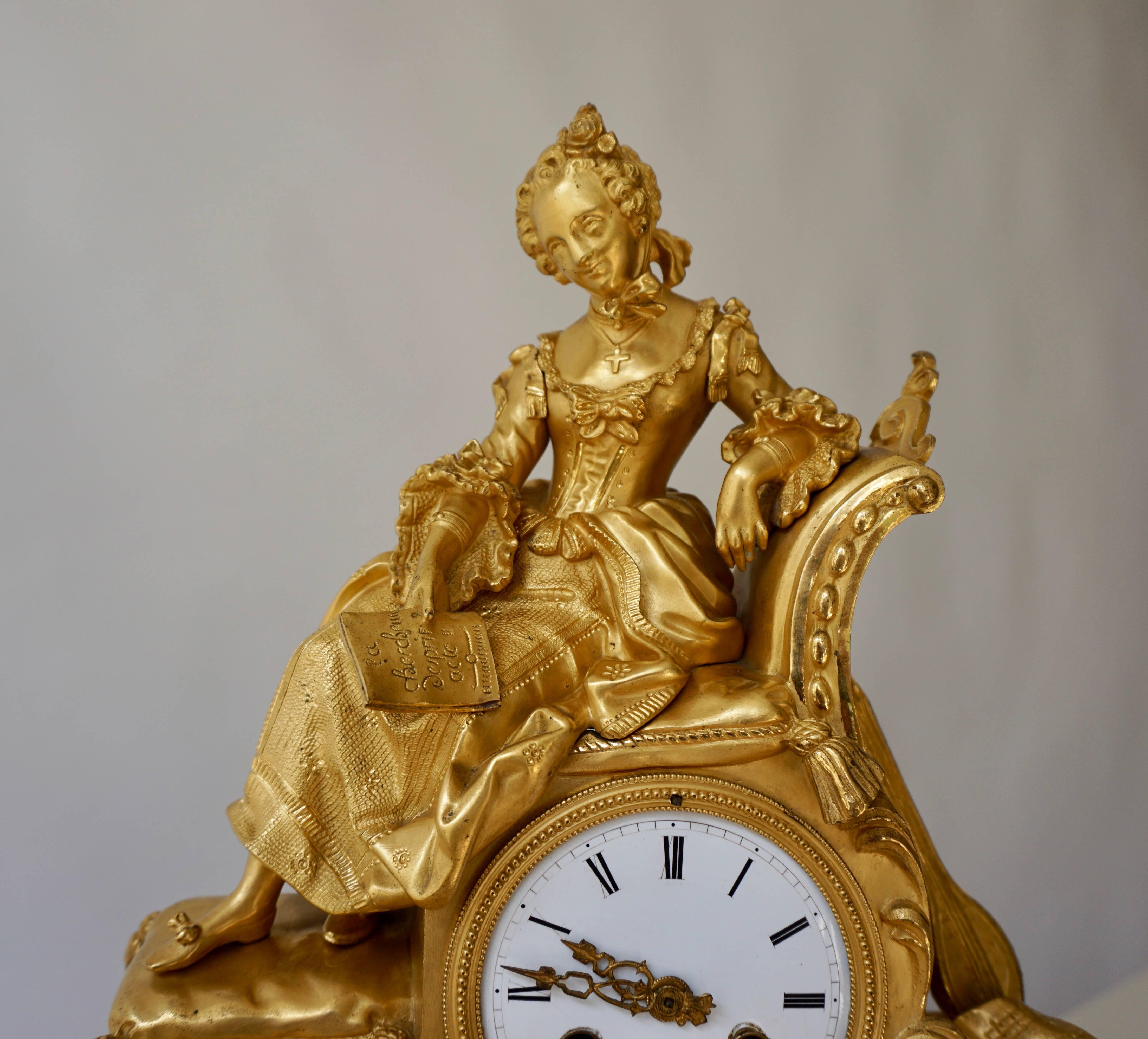 Mid-19th Century Very Fine and Elegant Fire, Gilt Bronze Mantle Clock in the Romantic Taste For Sale