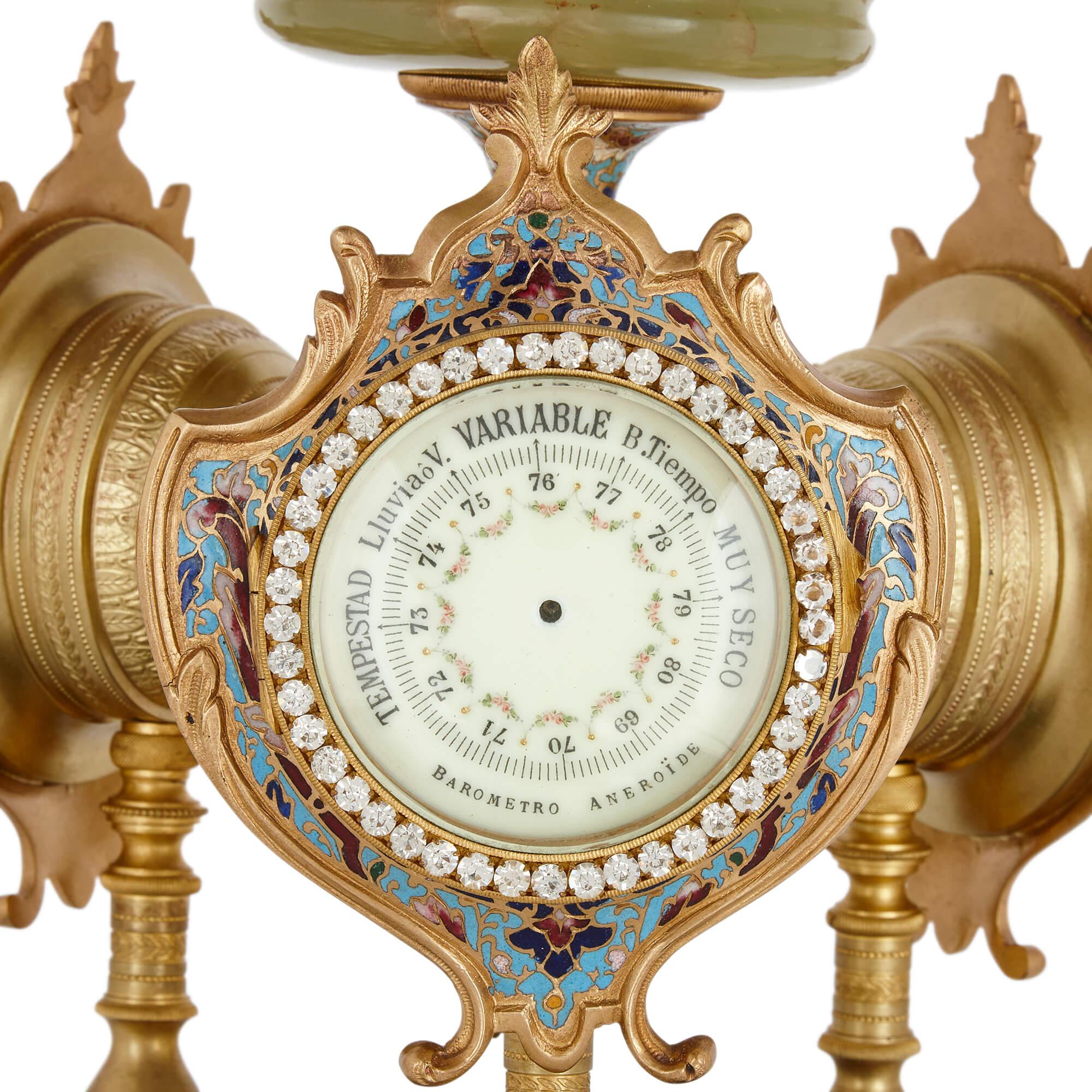 Cloisonné Très fine et rare horloge de cheminée en onyx, porcelaine, émail cloisonné et ormolu en vente
