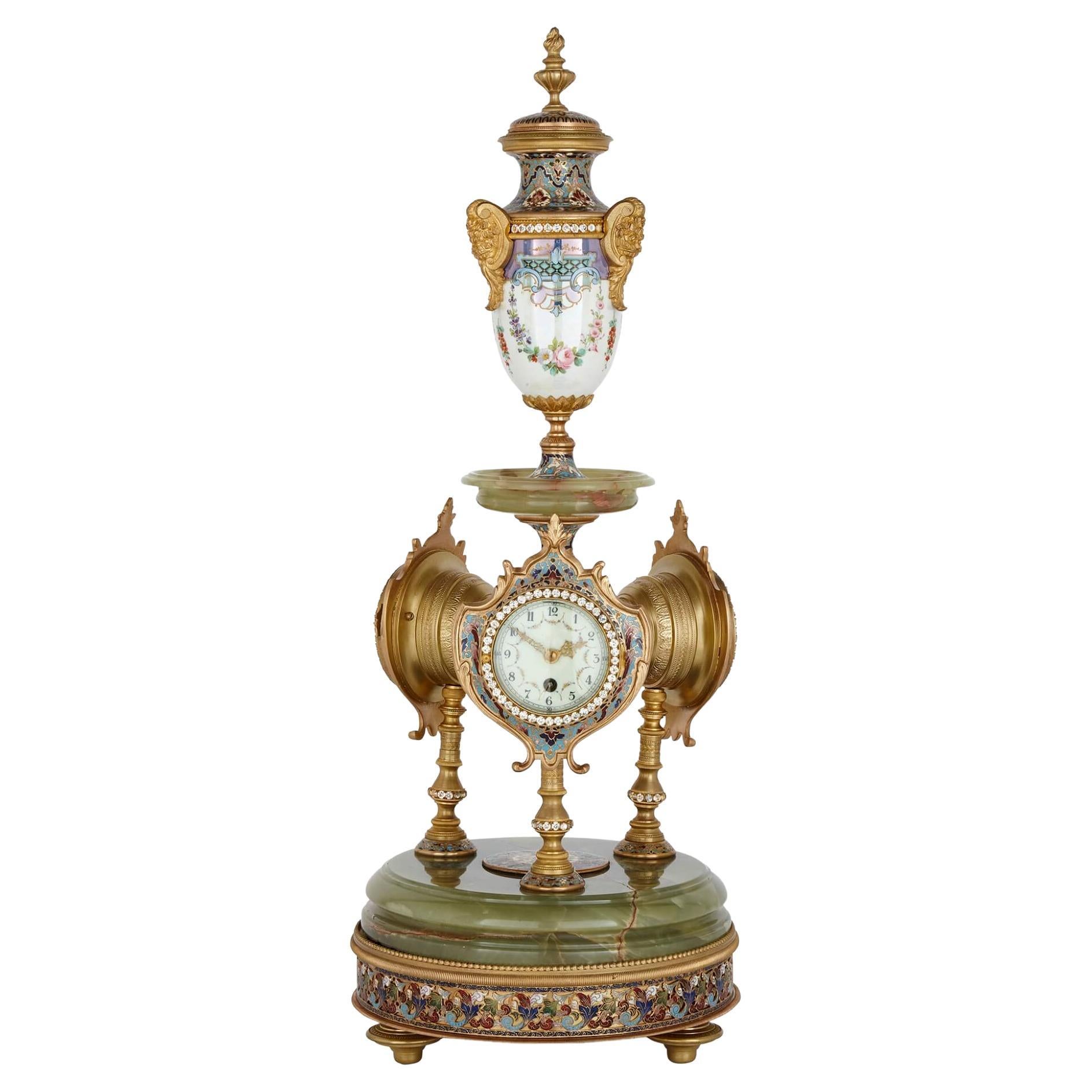 Very Fine and Rare Onyx, Porcelain, Cloisonné Enamel and Ormolu Mantel Clock
