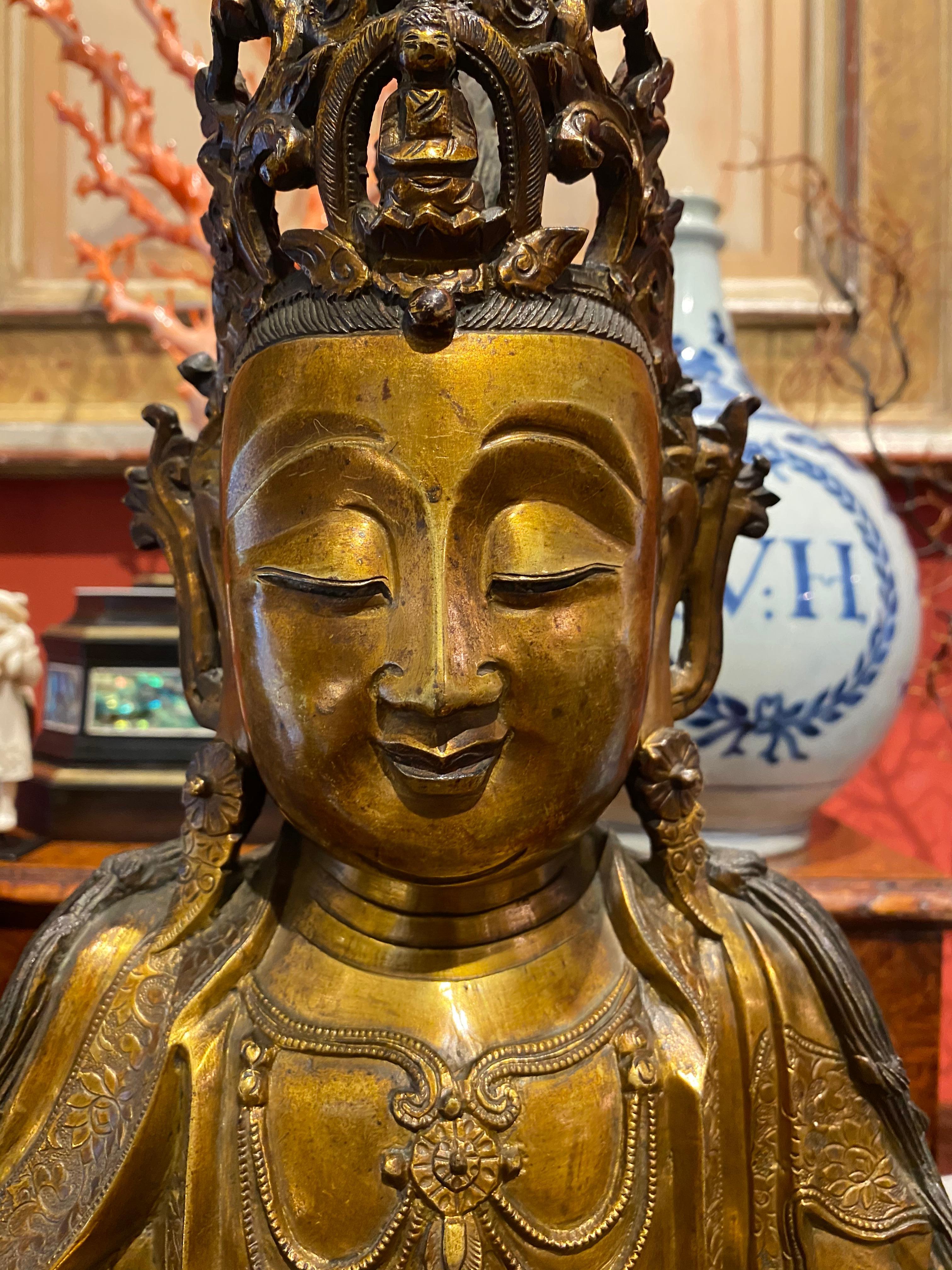 18th Century and Earlier Very Fine and Serene Chinese Gilt-Bronze Figure of Guanyin, 16th Century