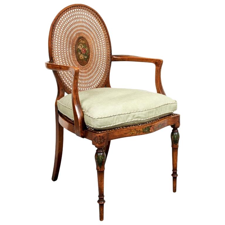 Antique Adams Decorated Satinwood & Cane Lolling Chair, 20th C