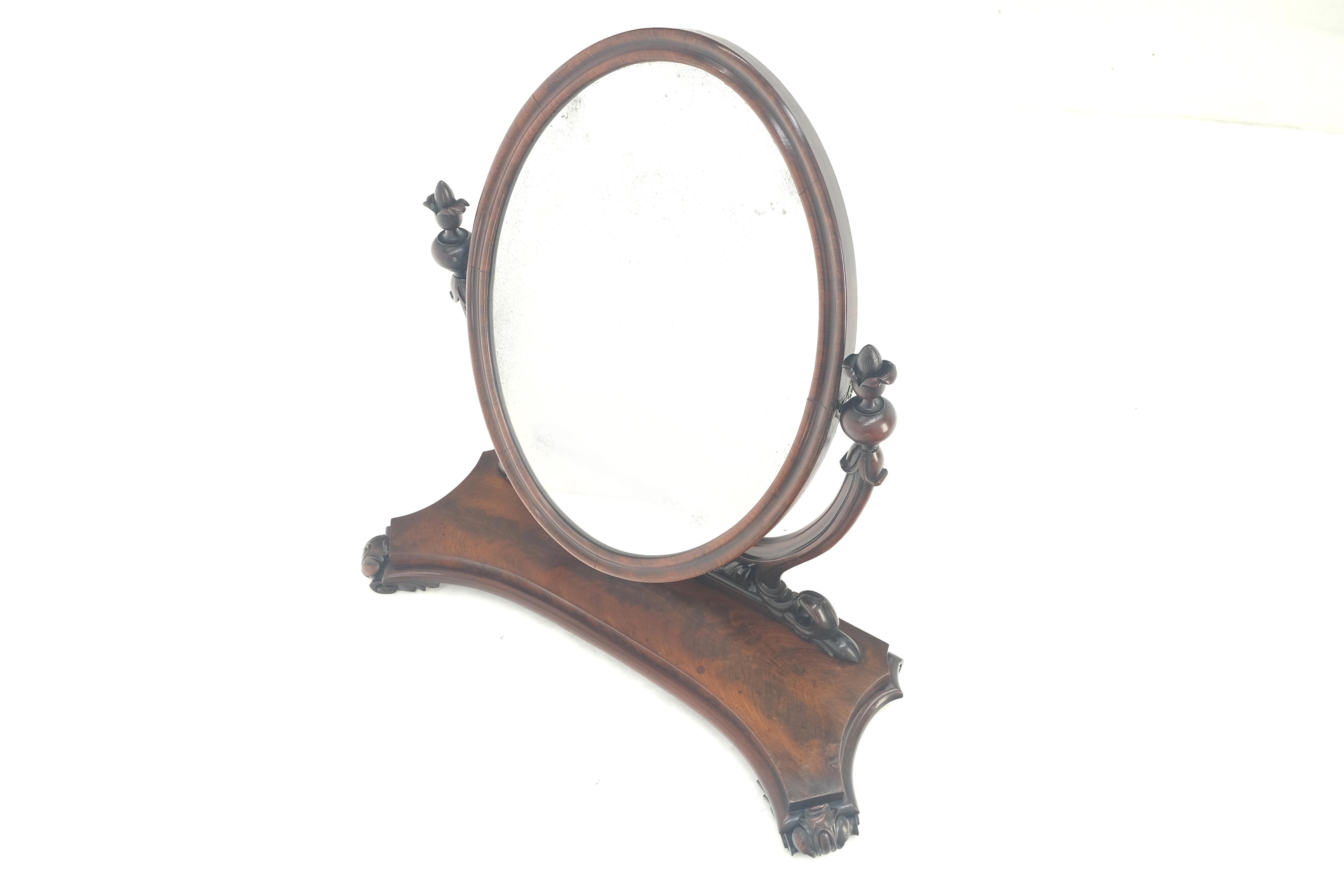 Very Fine Antique Carved Flame Mahogany Oval Swivel Shaving Mirror Acorn Finials For Sale 4