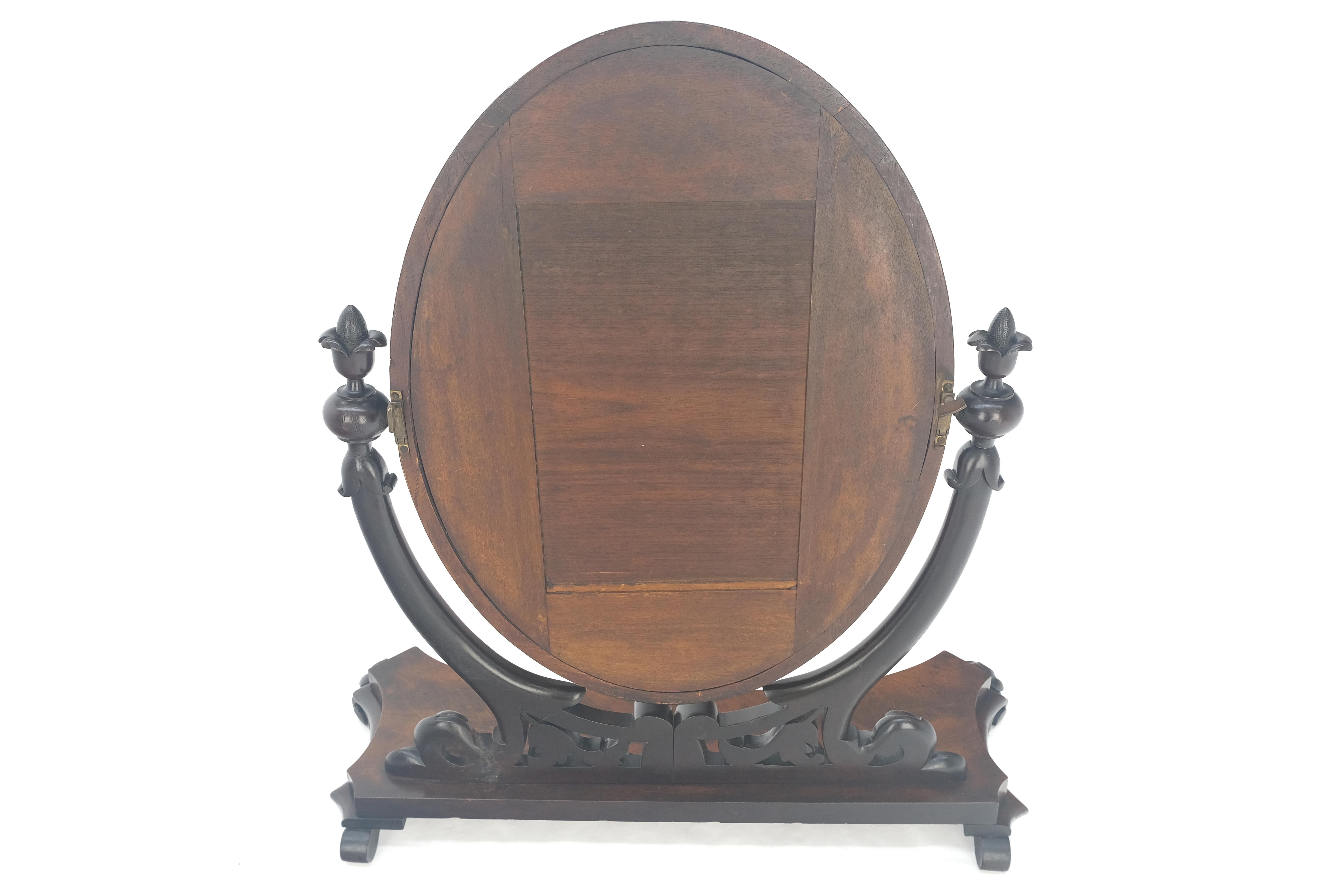 Very Fine Antique Carved Flame Mahogany Oval Swivel Shaving Mirror Acorn Finials For Sale 8
