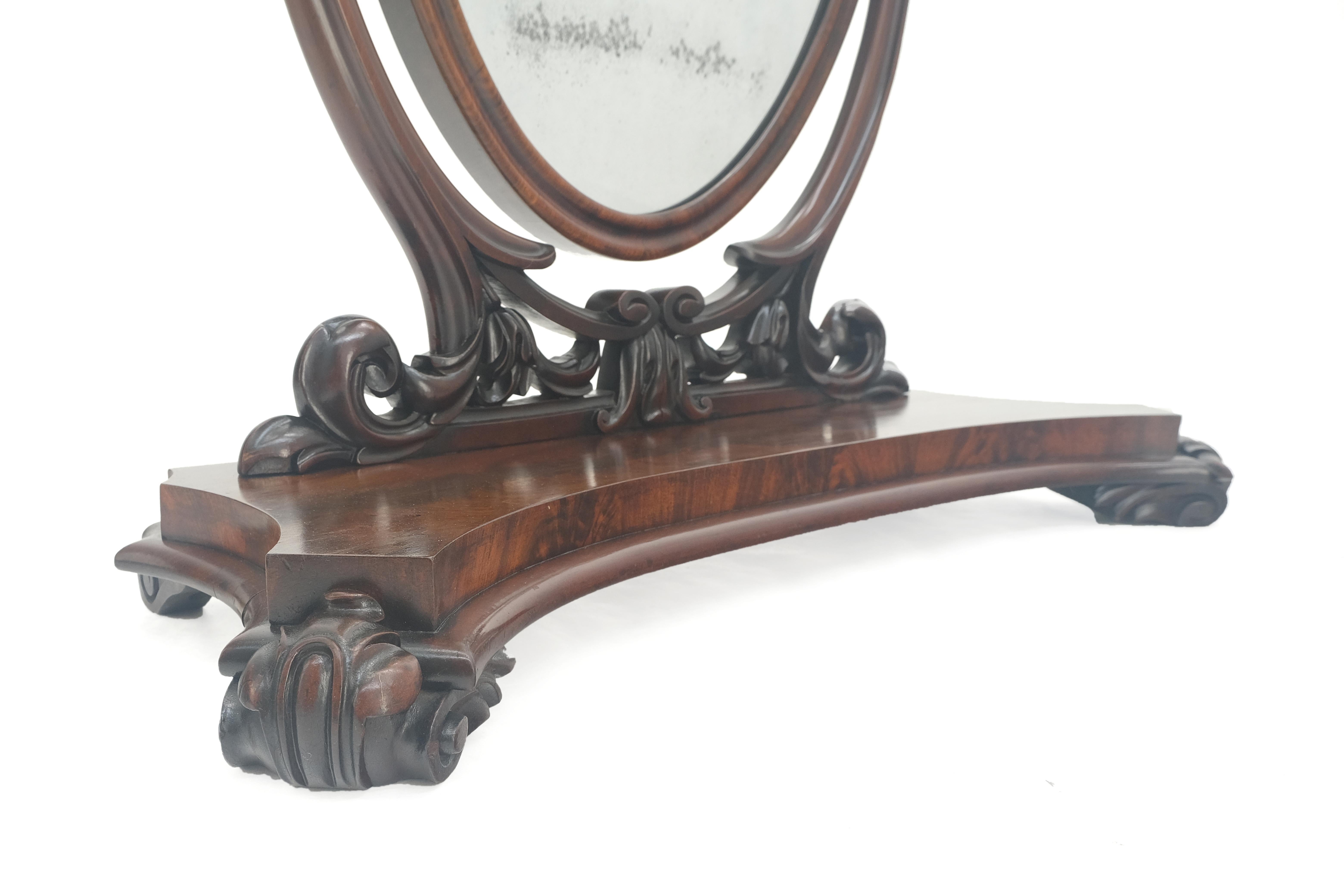 Very Fine Antique 19th Century Carved Flame Mahogany Oval Swivel Shaving Mirror Acorn Finials MINT!