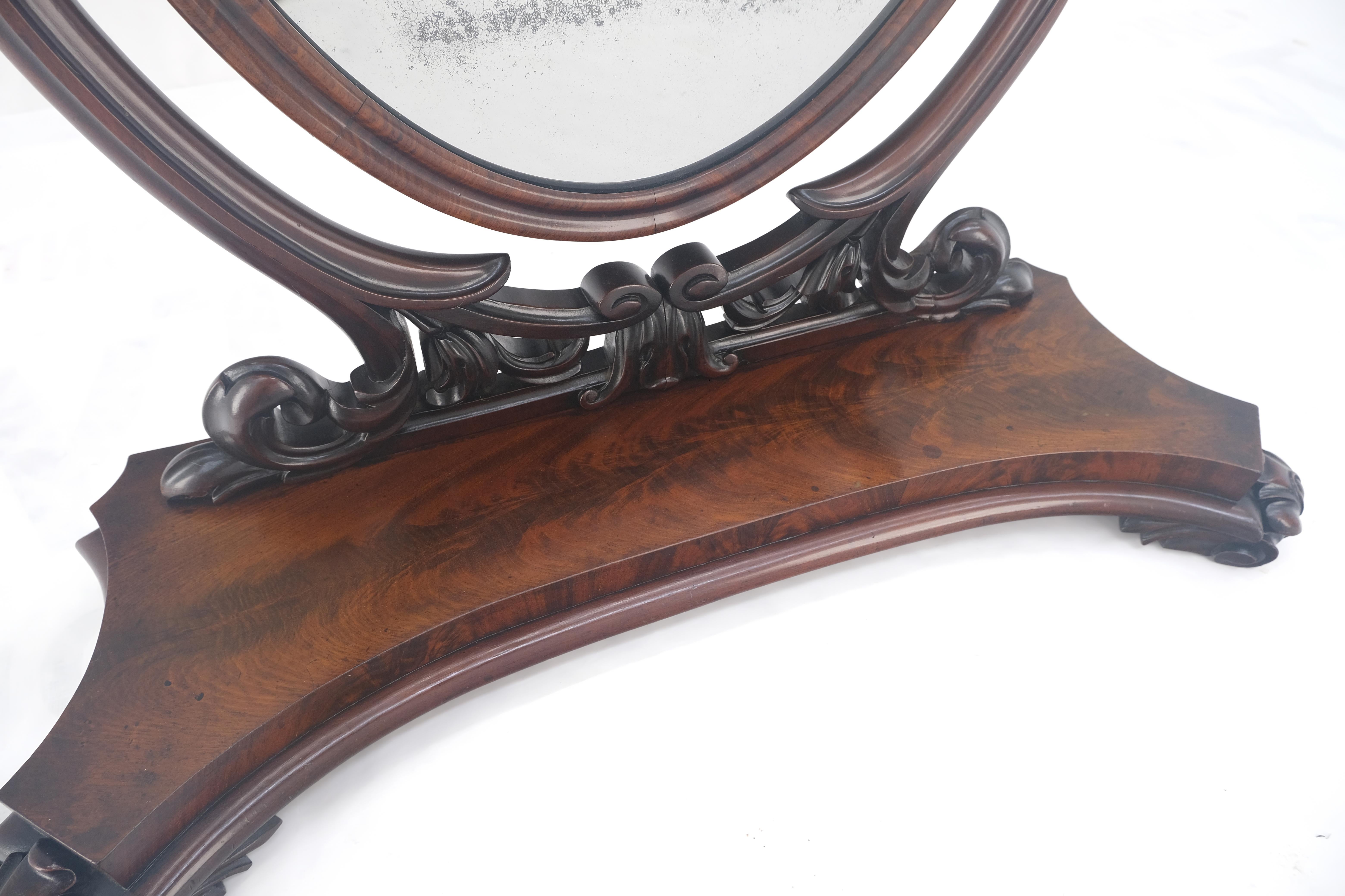 Victorian Very Fine Antique Carved Flame Mahogany Oval Swivel Shaving Mirror Acorn Finials For Sale