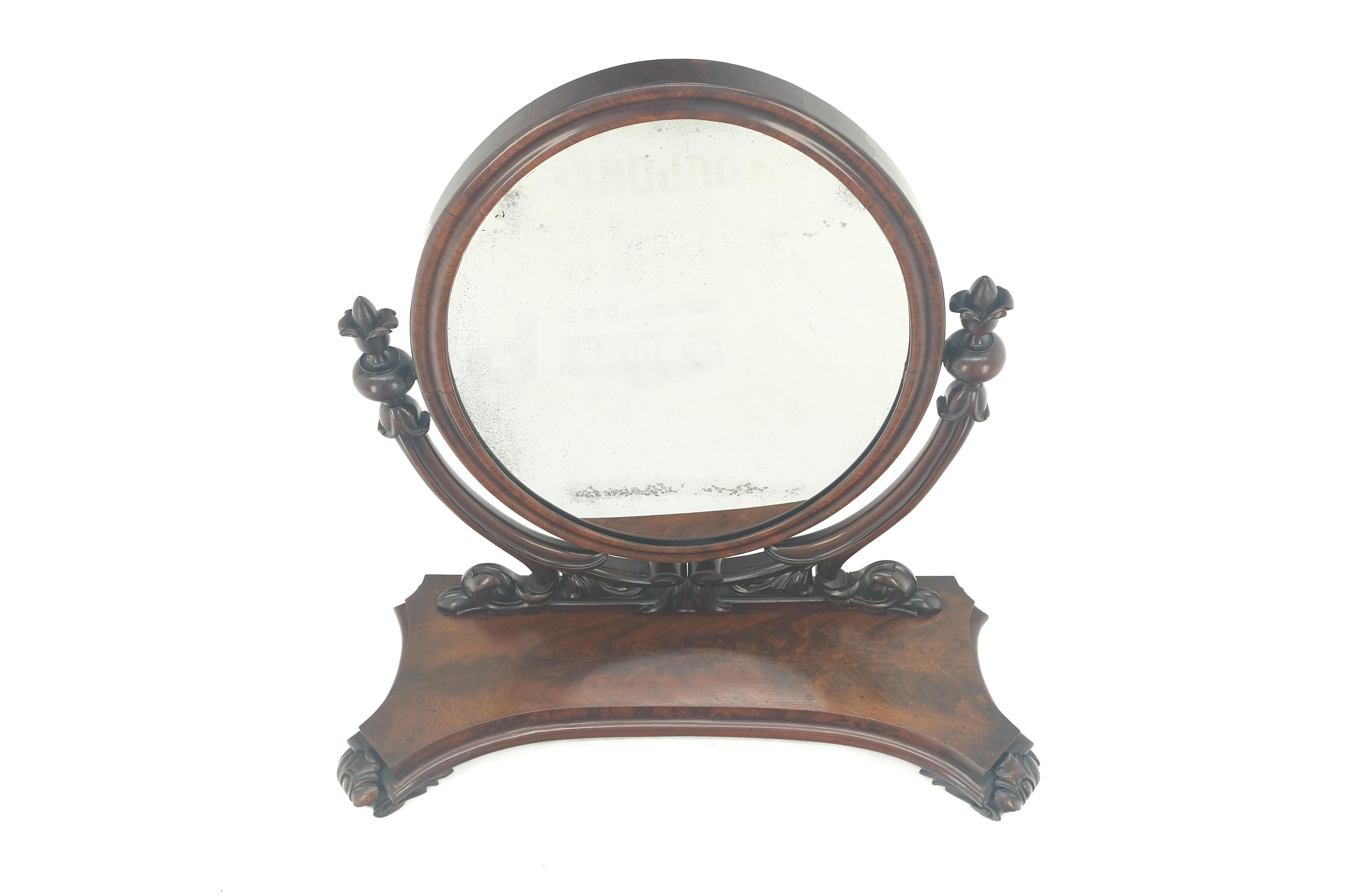 American Very Fine Antique Carved Flame Mahogany Oval Swivel Shaving Mirror Acorn Finials For Sale