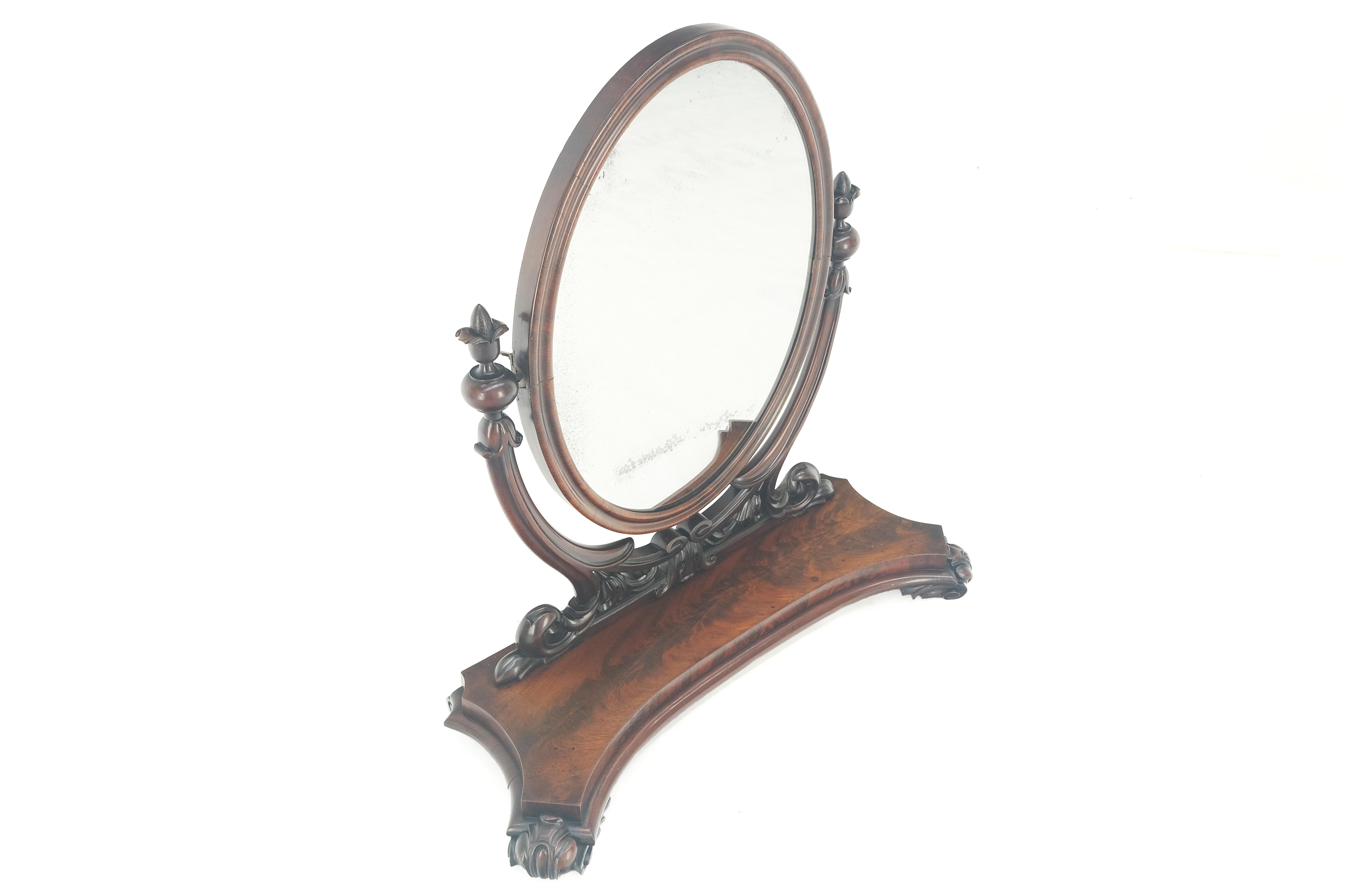 Very Fine Antique Carved Flame Mahogany Oval Swivel Shaving Mirror Acorn Finials In Good Condition For Sale In Rockaway, NJ