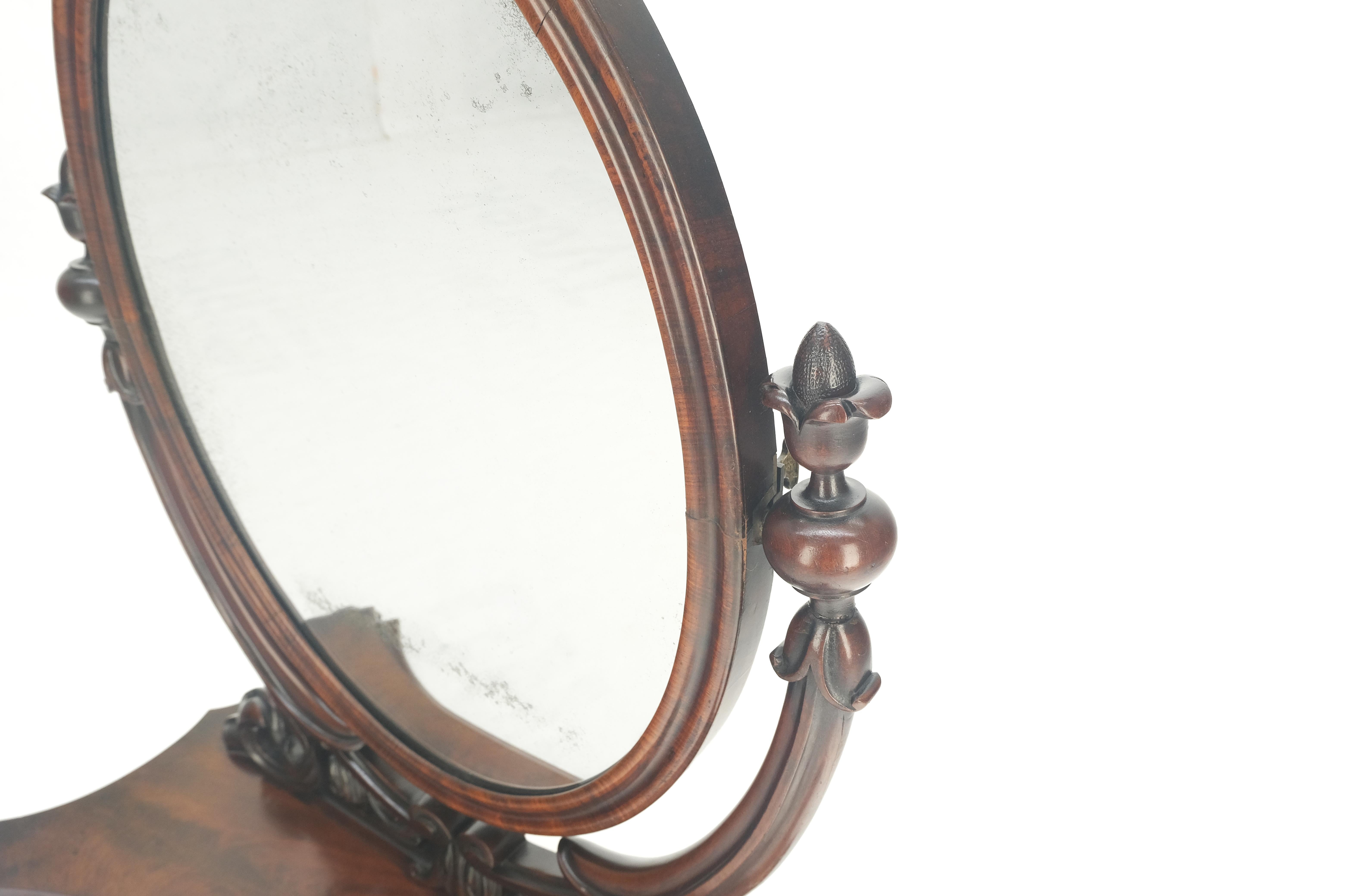 19th Century Very Fine Antique Carved Flame Mahogany Oval Swivel Shaving Mirror Acorn Finials For Sale