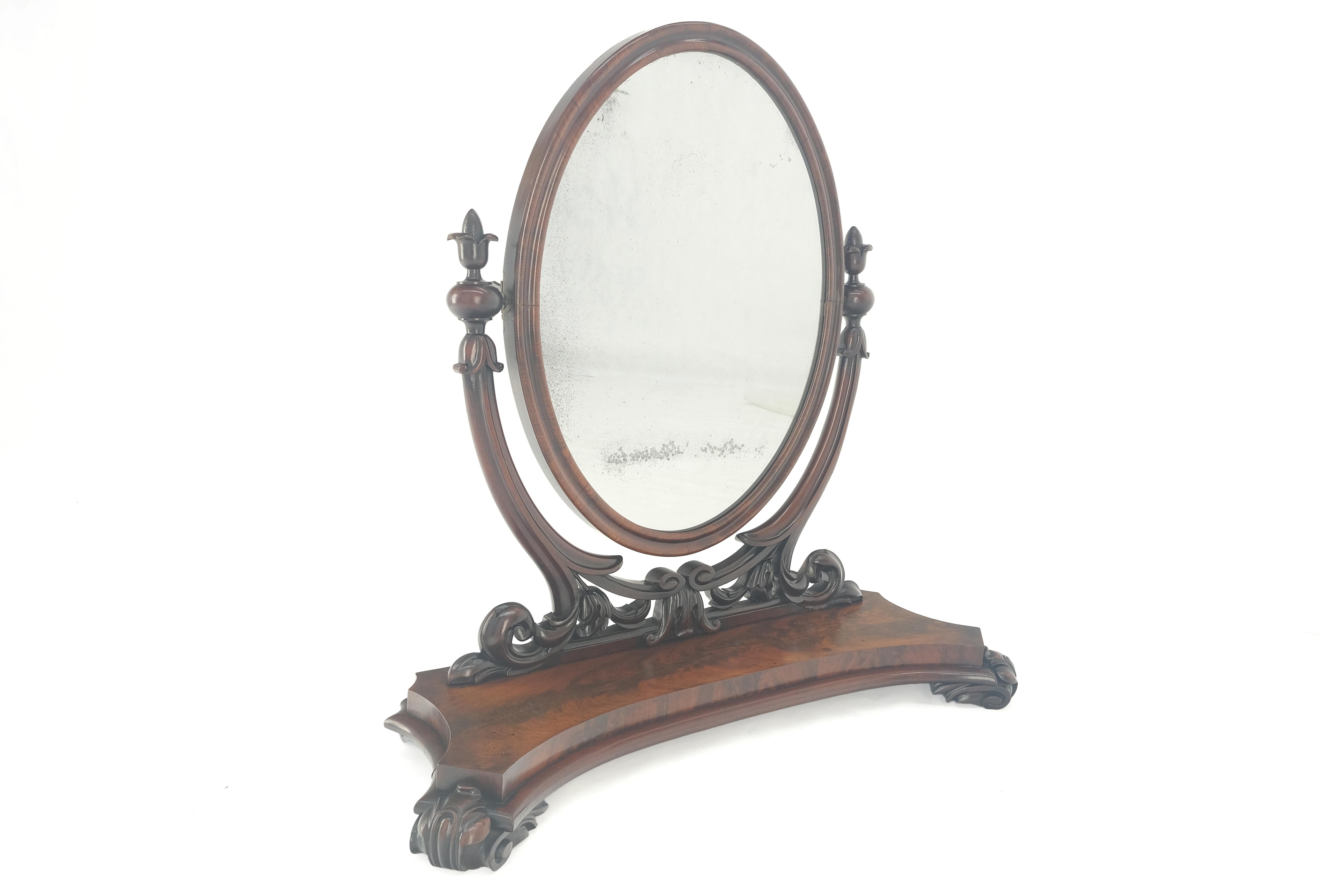Very Fine Antique Carved Flame Mahogany Oval Swivel Shaving Mirror Acorn Finials For Sale 1