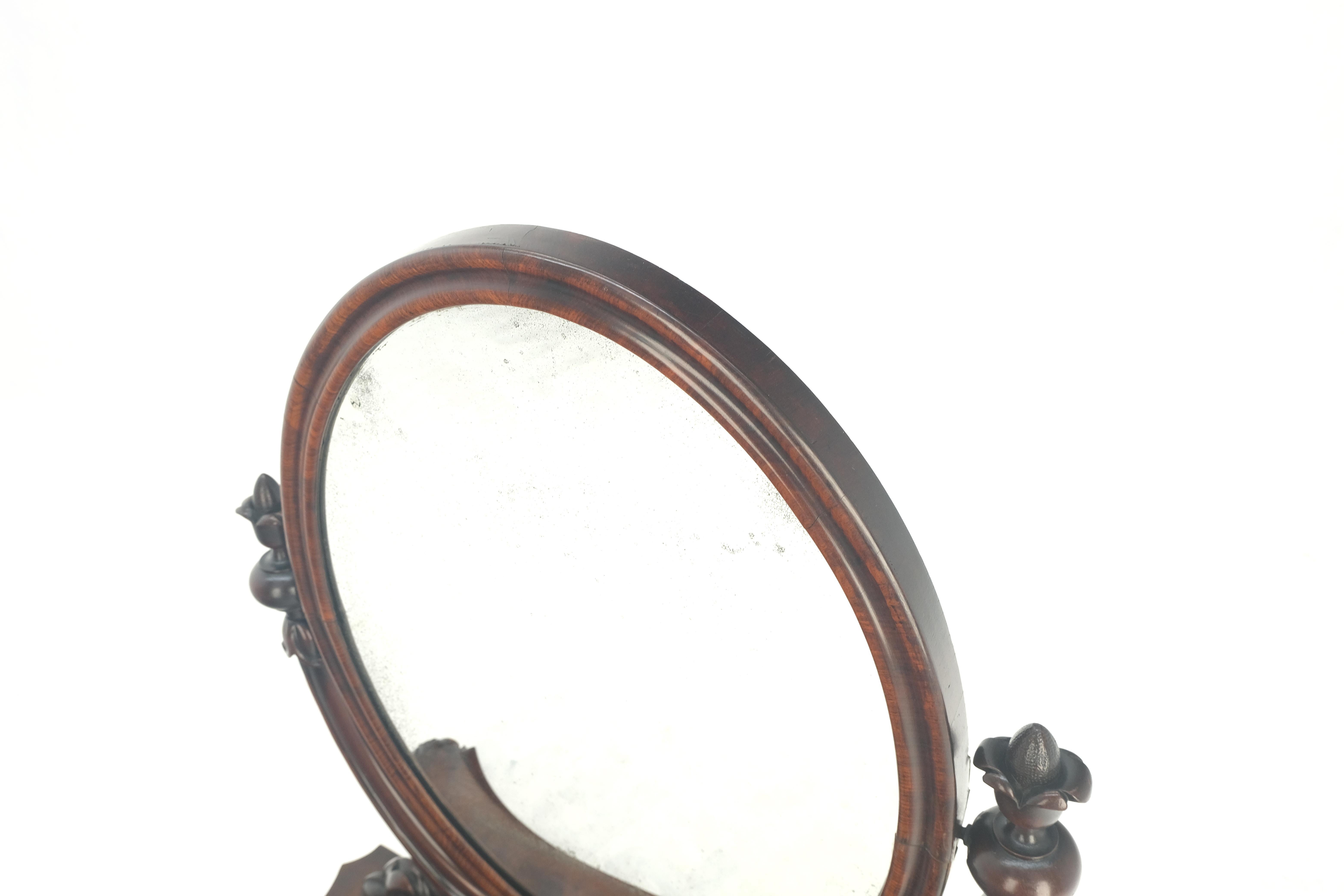 Very Fine Antique Carved Flame Mahogany Oval Swivel Shaving Mirror Acorn Finials For Sale 2
