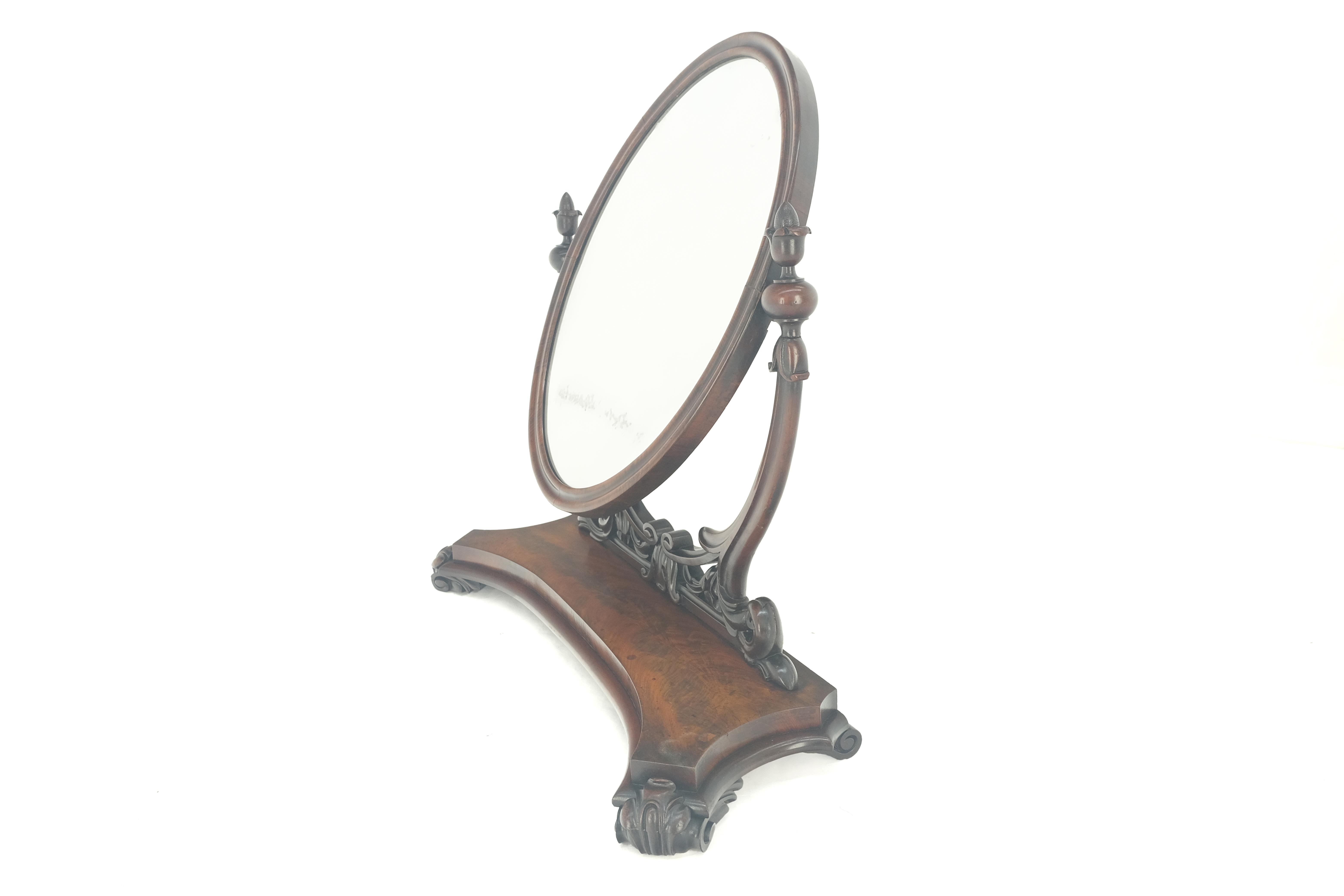 Very Fine Antique Carved Flame Mahogany Oval Swivel Shaving Mirror Acorn Finials For Sale 3